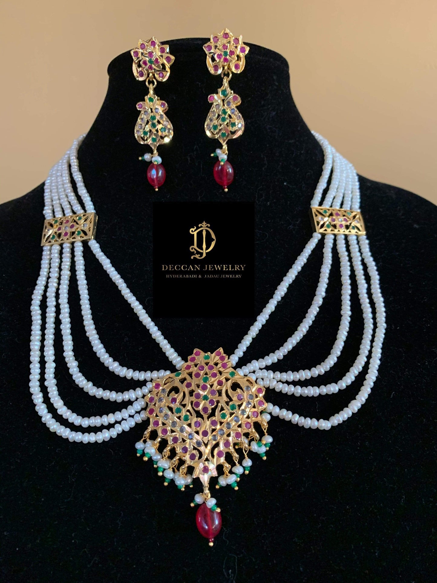 NS103 Sajal necklace in ruby emerald with fresh water pearls (READY TO SHIP )