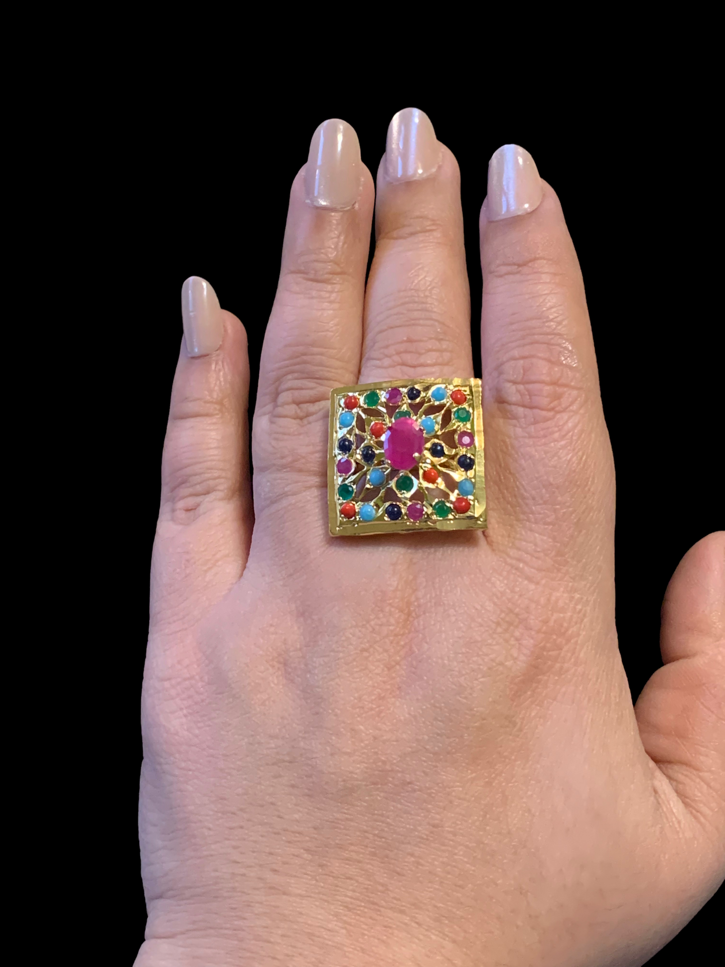 DJR81 Gold plated square ring- Navratan ( READY TO SHIP)