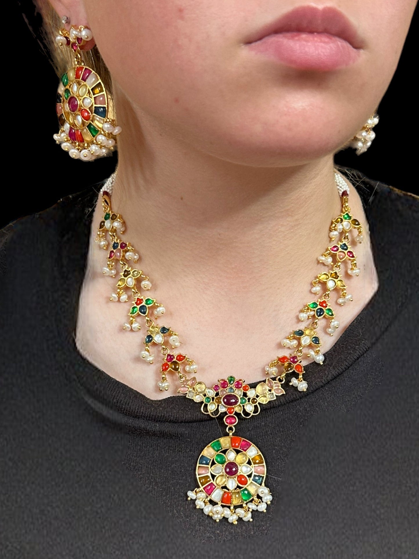 DNS18 Navratan necklace set in fresh water pearls (READY TO SHIP) )