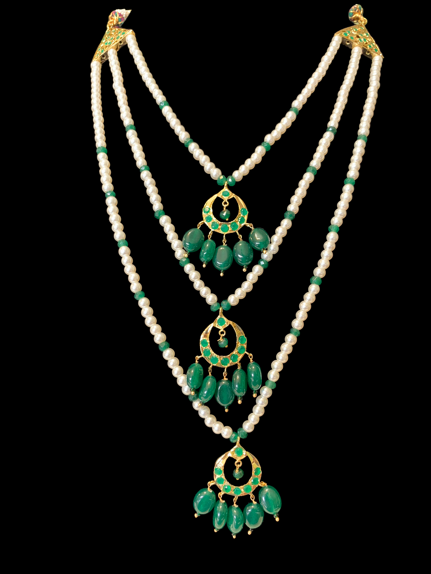 SAT71 Seema three layer  necklace with chandbali- green  ( READY TO SHIP )