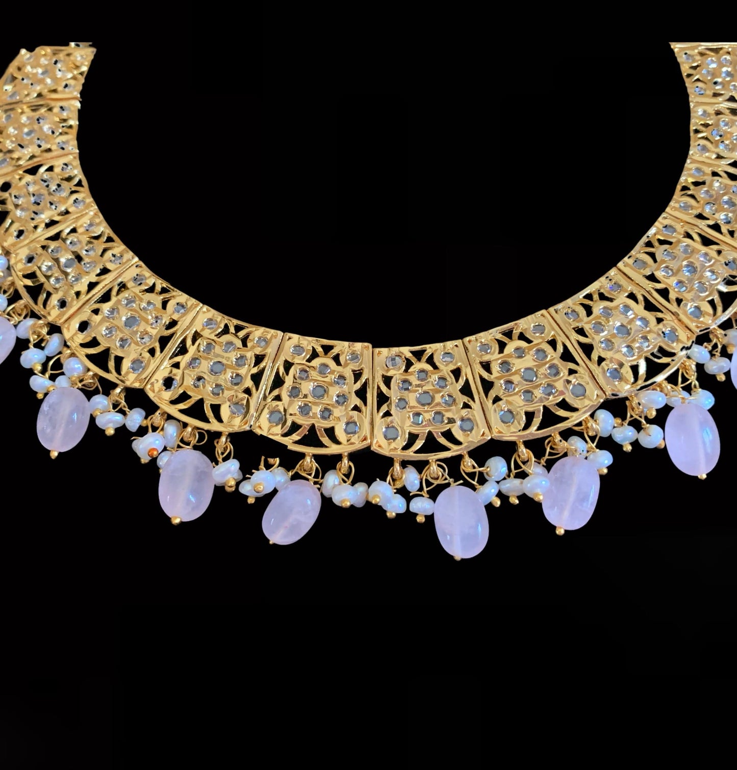 NS140 Badia rosequartz with fresh water pearls necklace set (READY TO SHIP )