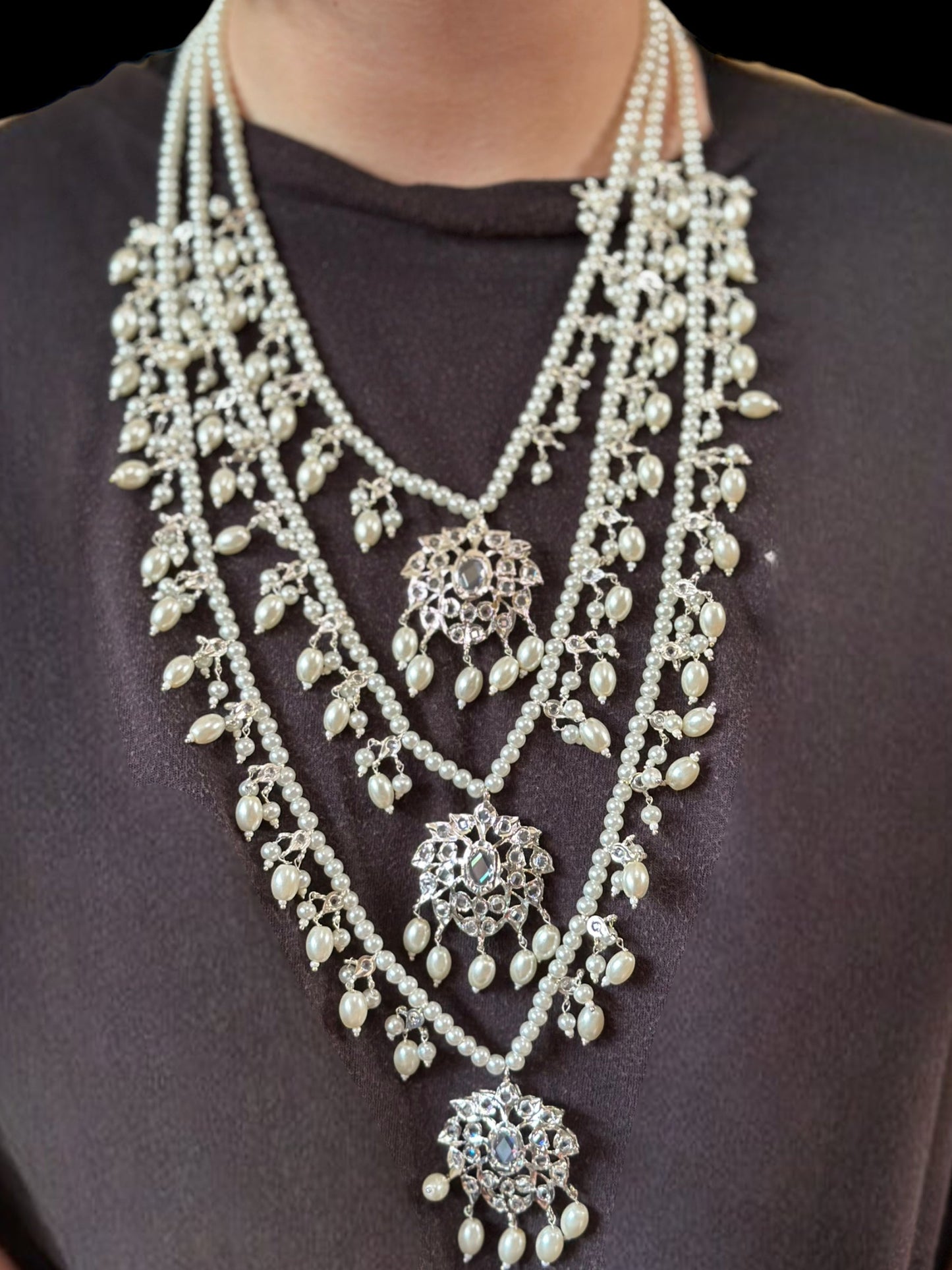 SAT76 Farmana three layer Hyderabadi necklace with earrings ( READY TO SHIP )