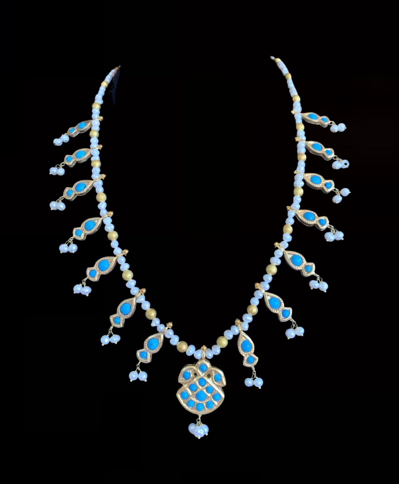 NS218 feroza kali necklace with natural turquoise and fresh water pearls (SHIPS IN 4 WEEKS )