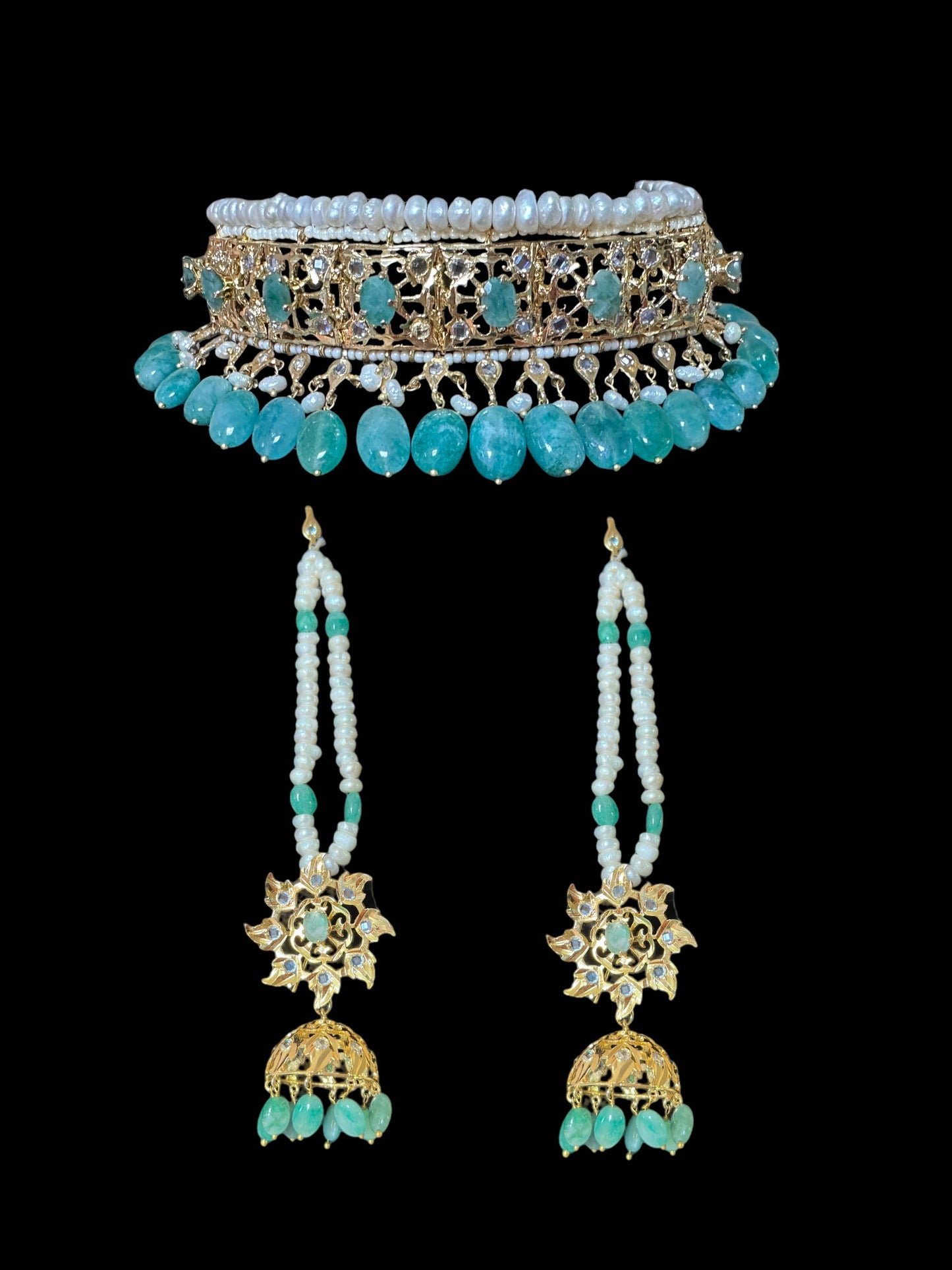C266 Hyderabadi jadavi lacha in fresh water pearls and emerald beads (READY TO SHIP )