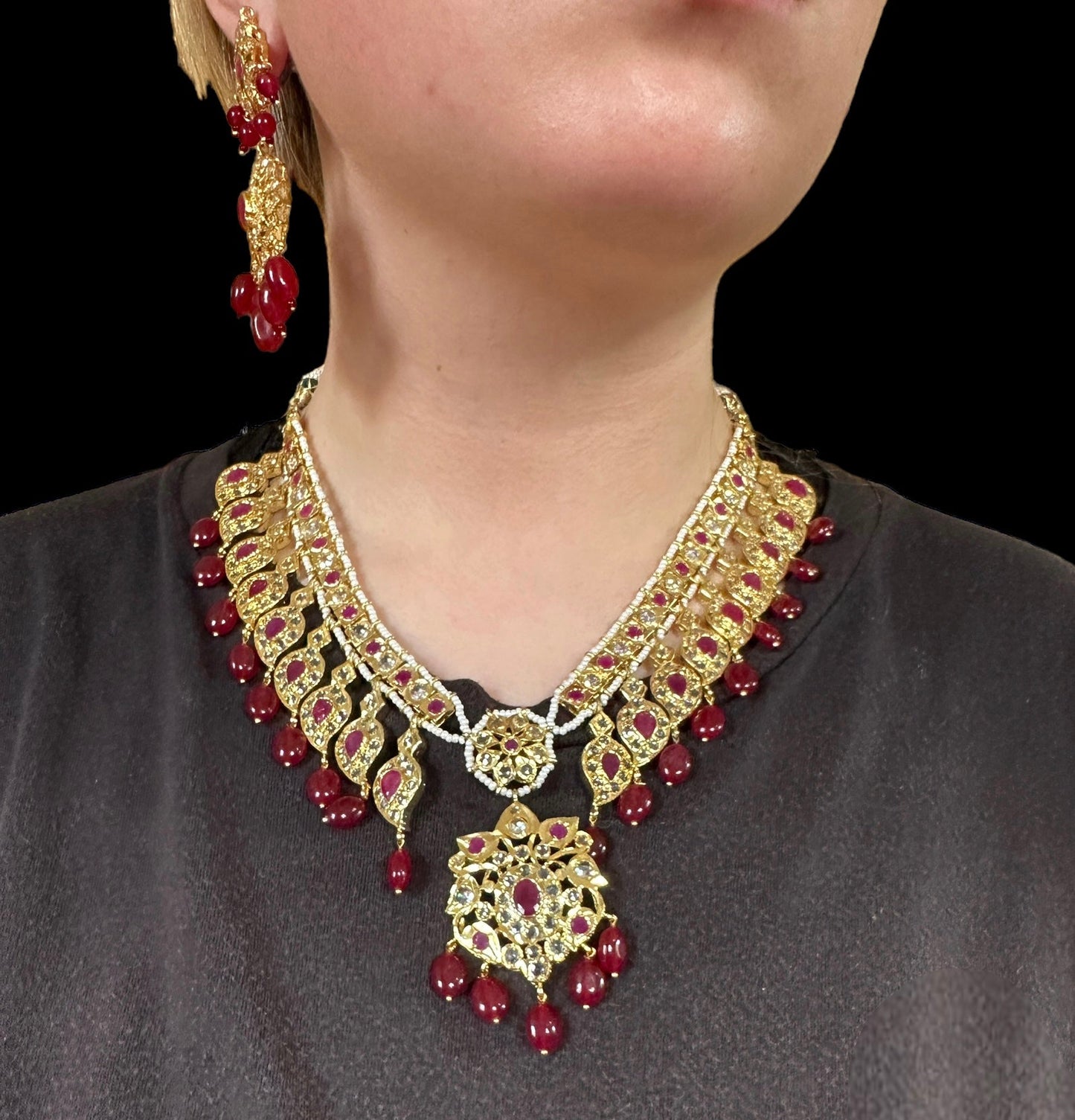 DNS15 Palakh ruby mango necklace set (SHIPS IN 4 WEEKS )