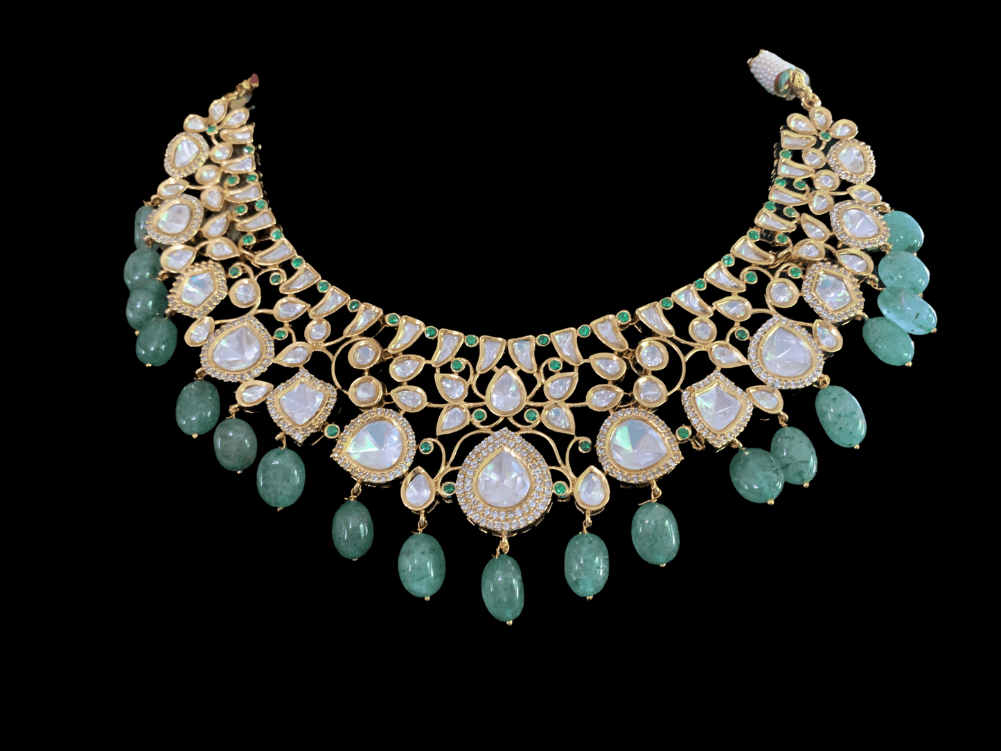 NS17 Tanu polki with emerald beads necklace set (SHIPS IN 4 WEEKS )