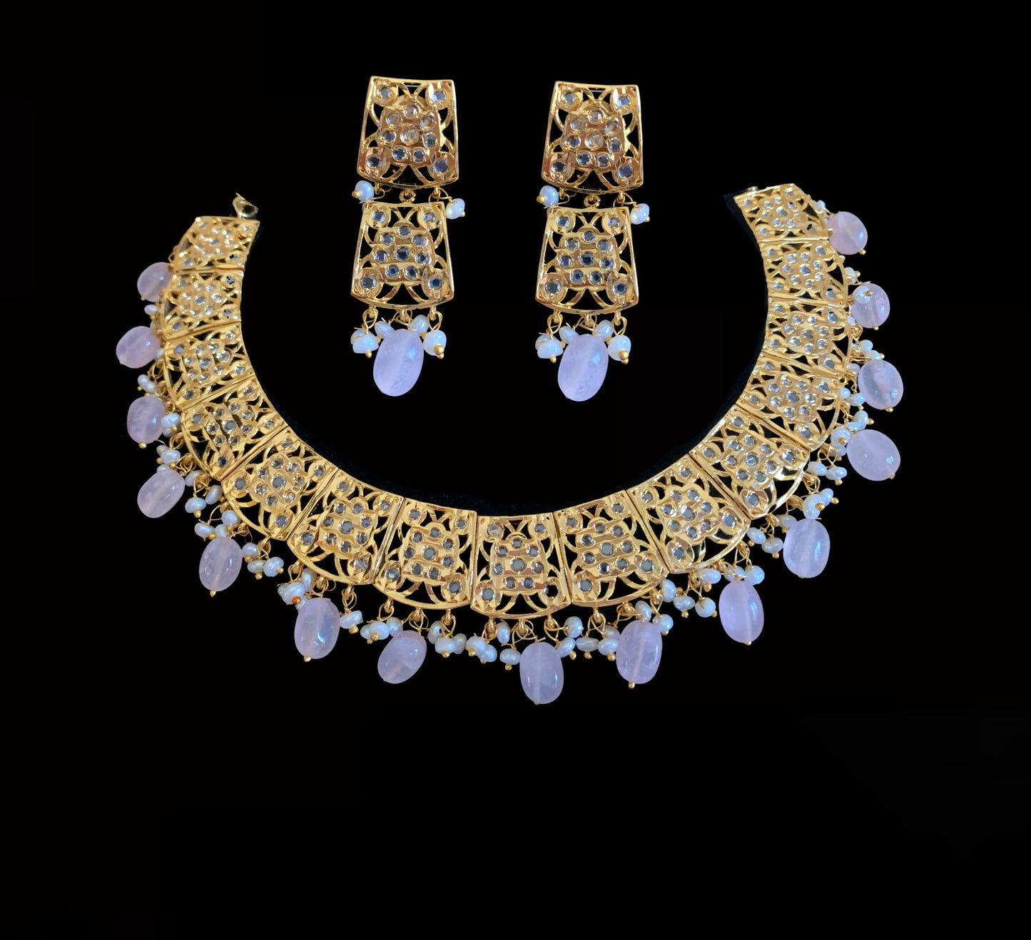 NS140 Badia rosequartz with fresh water pearls necklace set (READY TO SHIP )