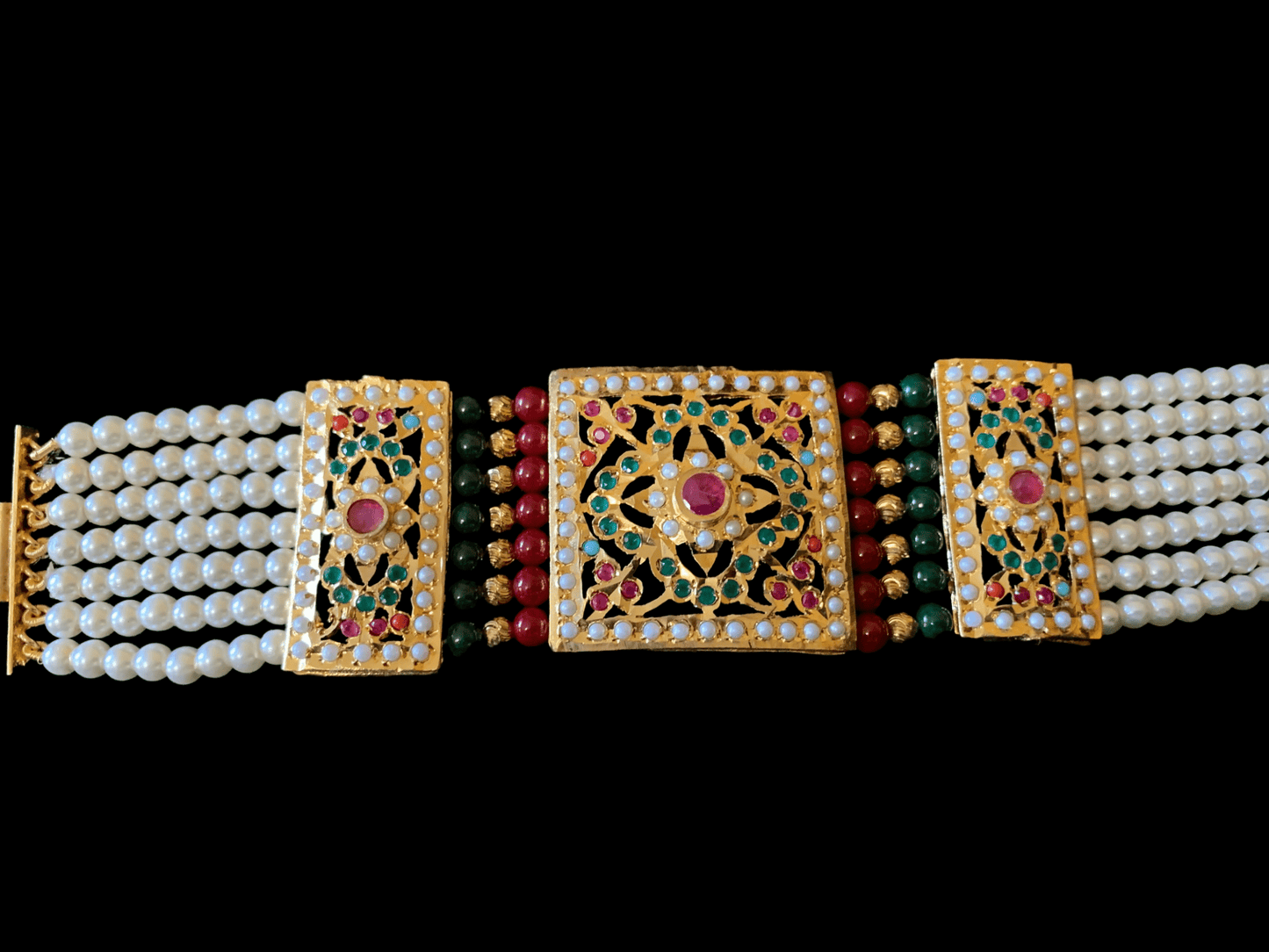 B67 Saira jadau bracelet in navratan with ruby green beads ( READY TO SHIP )