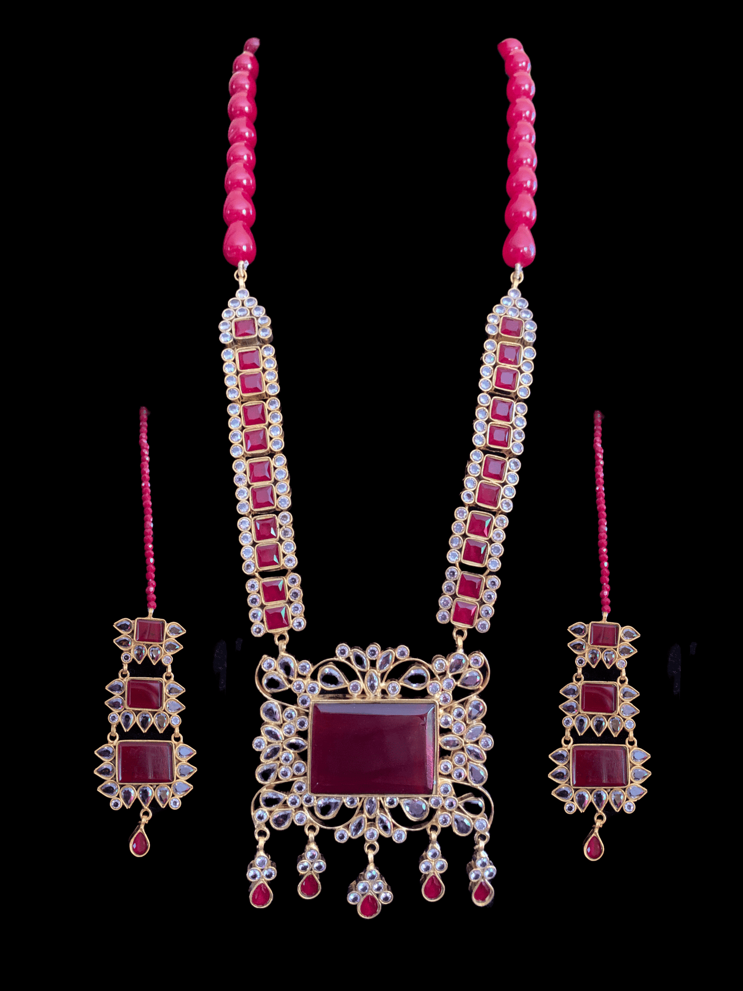 LN27 Farshi kundan long statement necklace set - Red ( READY TO SHIP )