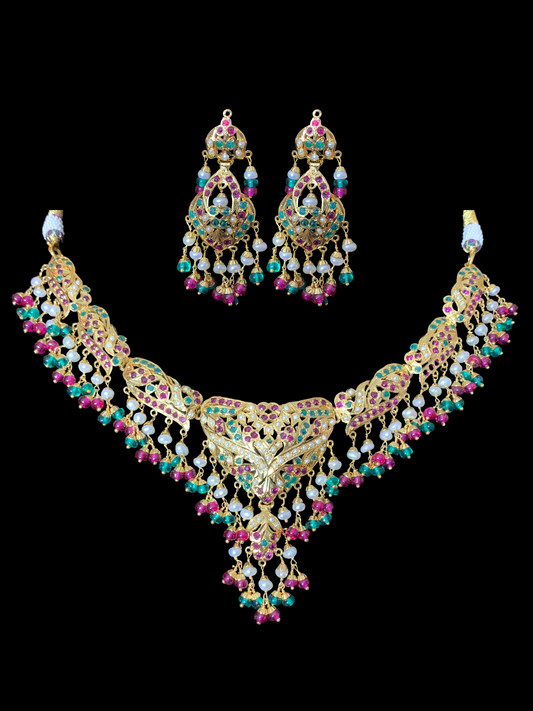 SAANVI Ruby emerald gold plated silver necklace set ( READY TO SHIP)