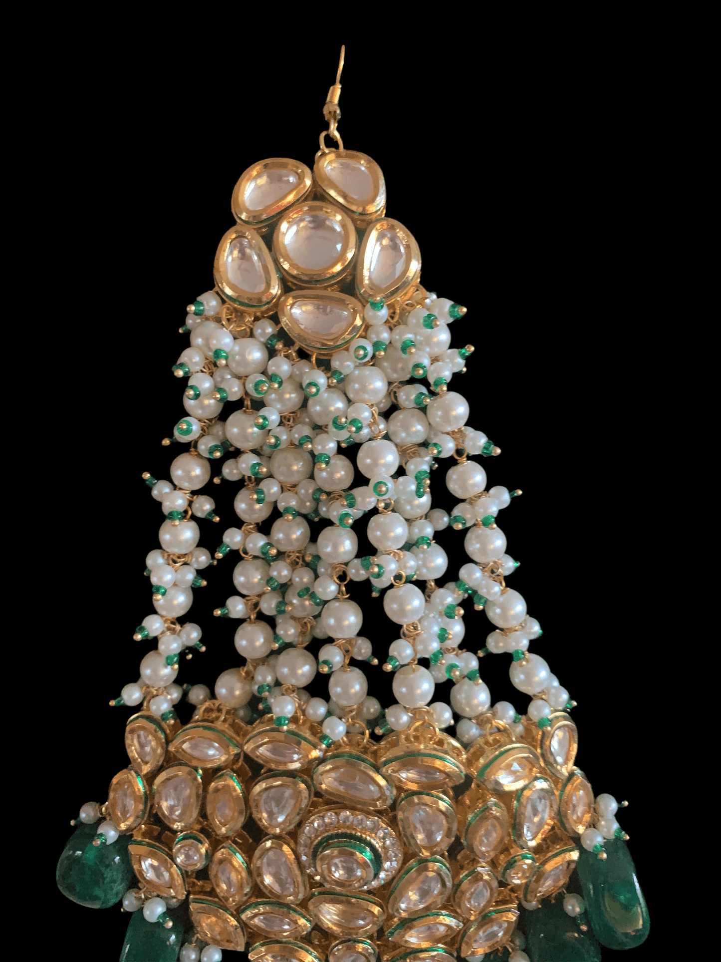 Trikha pearl kundan Jhoomar with green beads ( SHIPS IN 4 WEEKS )