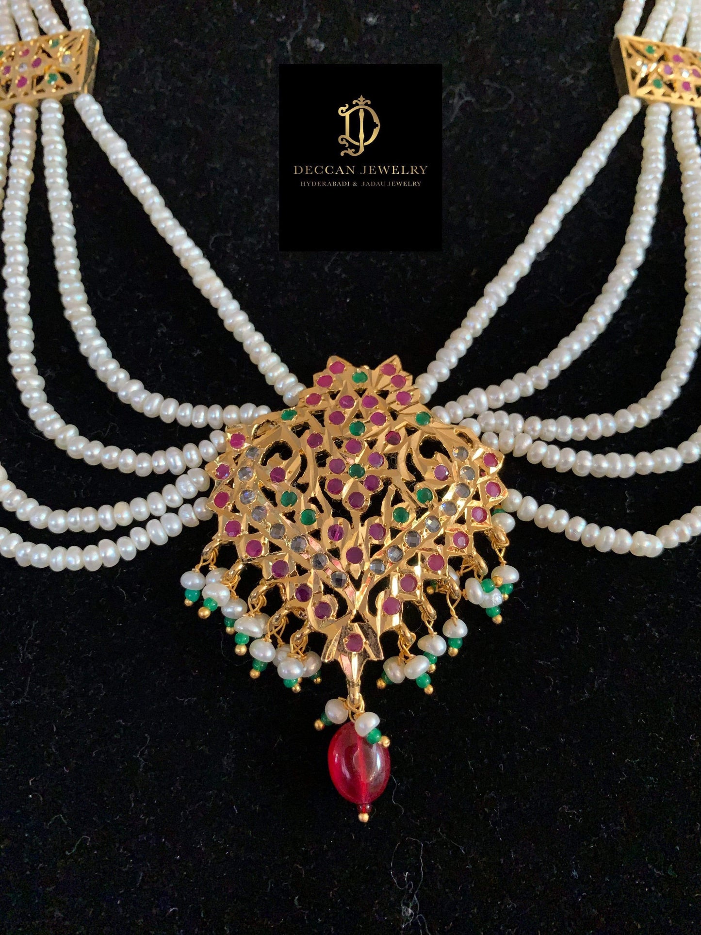 NS103 Sajal necklace in ruby emerald with fresh water pearls (READY TO SHIP )