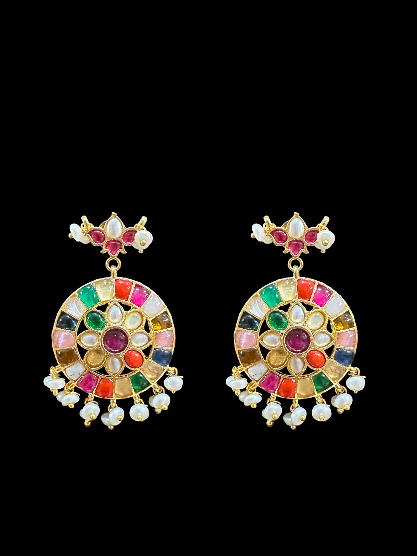 DNS18 Navratan necklace set in fresh water pearls (READY TO SHIP) )
