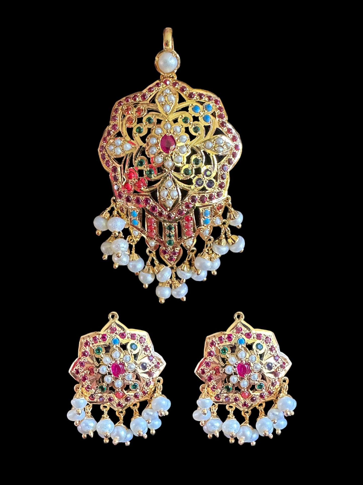 Navratan with Fresh water pearl gold plated silver pendant set ( SHIPS IN 4 WEEKS )