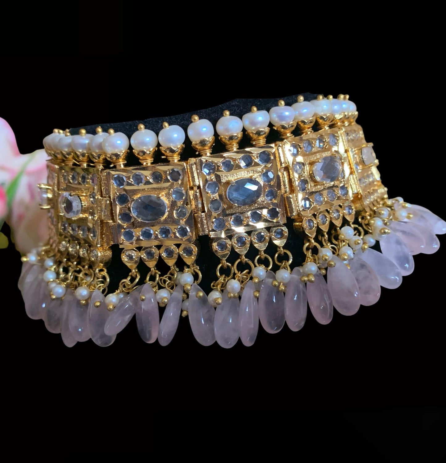C152 Eeshal polki choker in rose quartz beads ( SHIPS IN 3 WEEKS )
