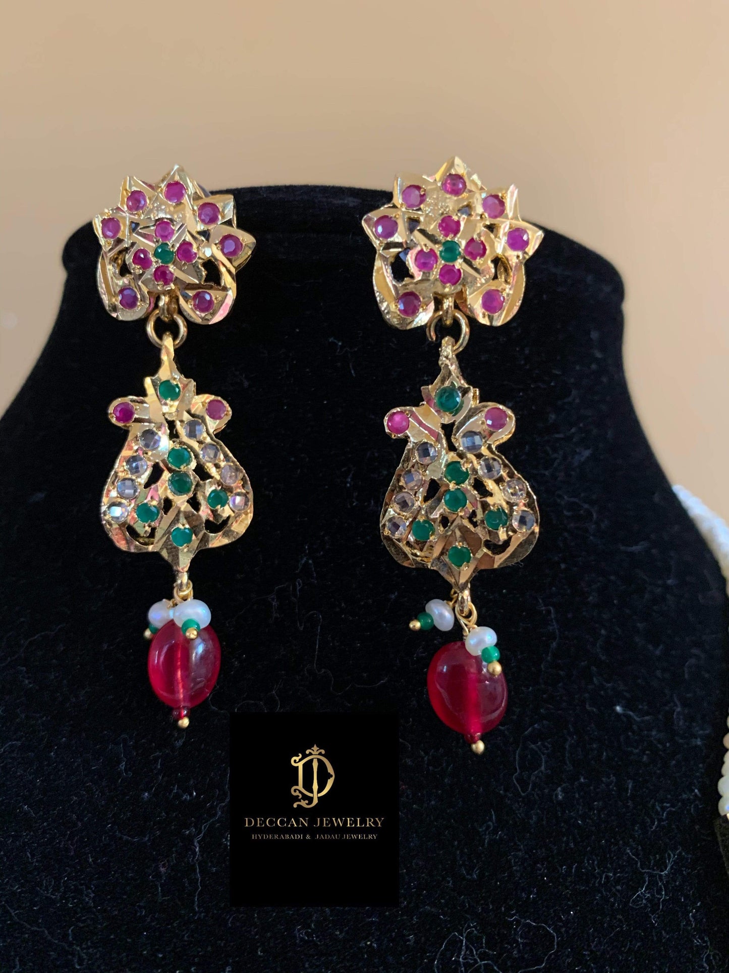 NS103 Sajal necklace in ruby emerald with fresh water pearls (READY TO SHIP )
