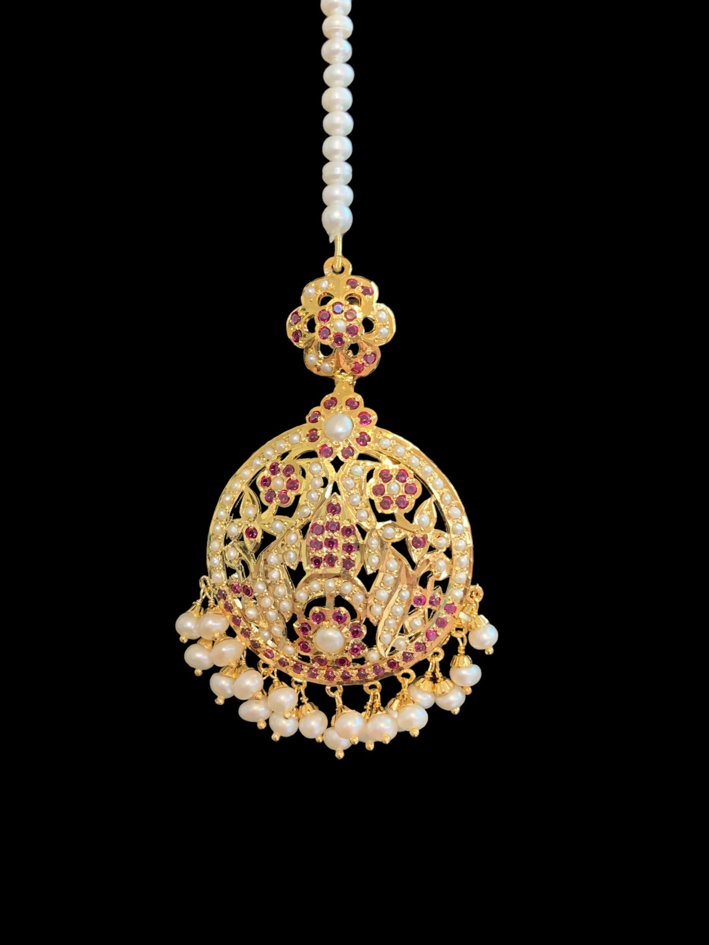 Gold plated silver jadau tikka in pearls and rubies ( SHIPS IN 4 WEEKS )