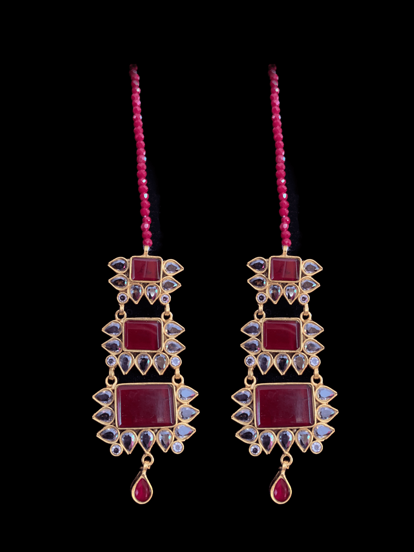 LN27 Farshi kundan long statement necklace set - Red ( READY TO SHIP )