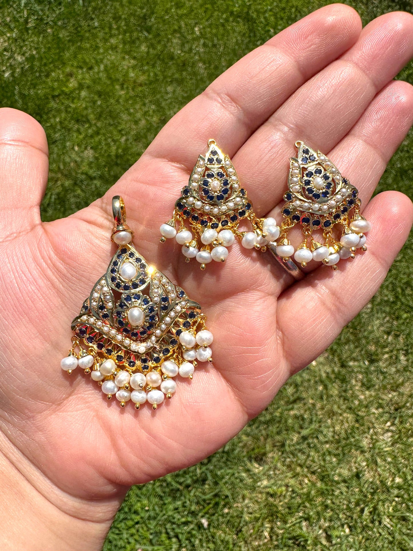 Sapphire with Fresh water pearl gold plated silver pendant set ( SHIPS IN 4 WEEKS )