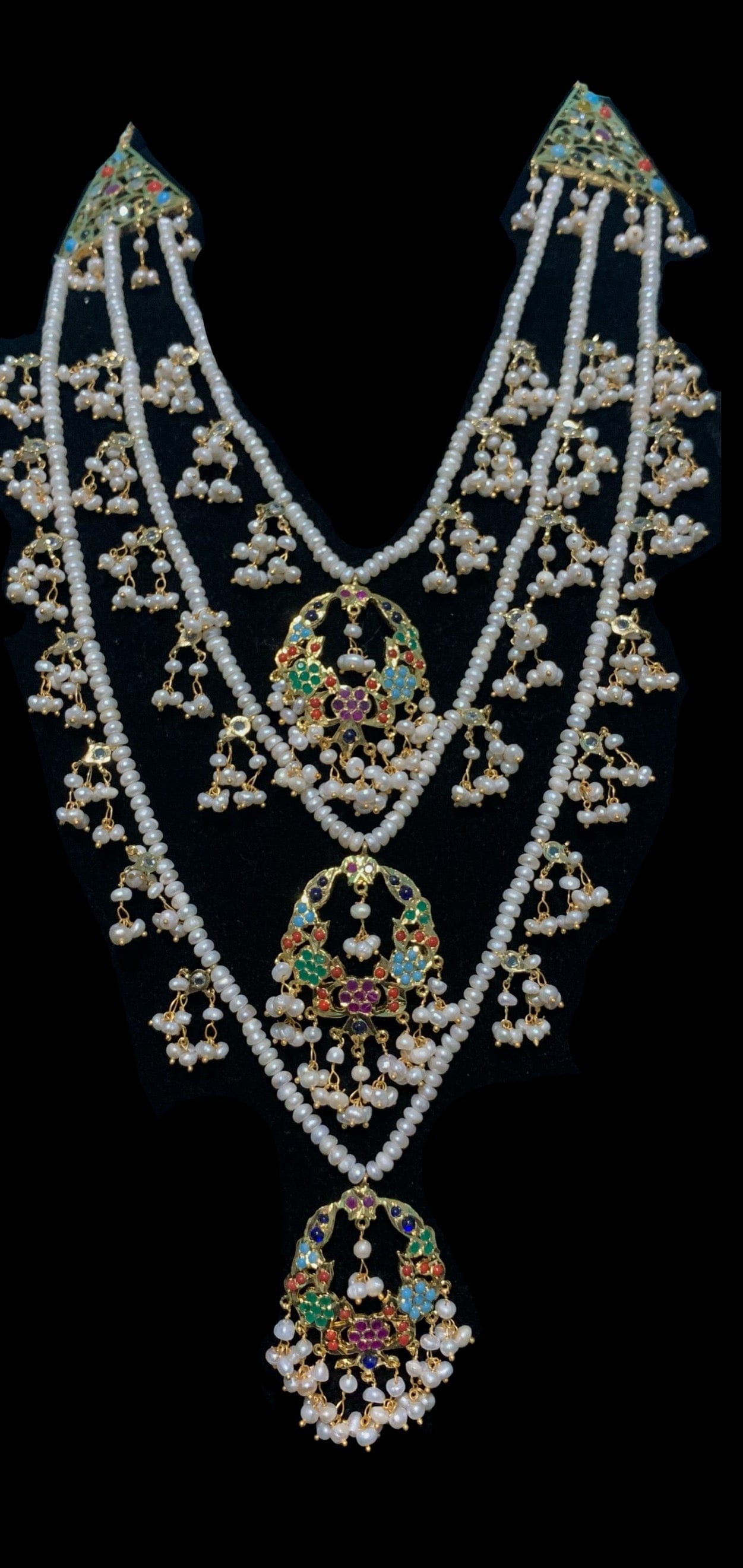 SAT14 Madhuri three layer bridal navratan set in fresh water pears ( SHIPS IN 4 WEEKS )