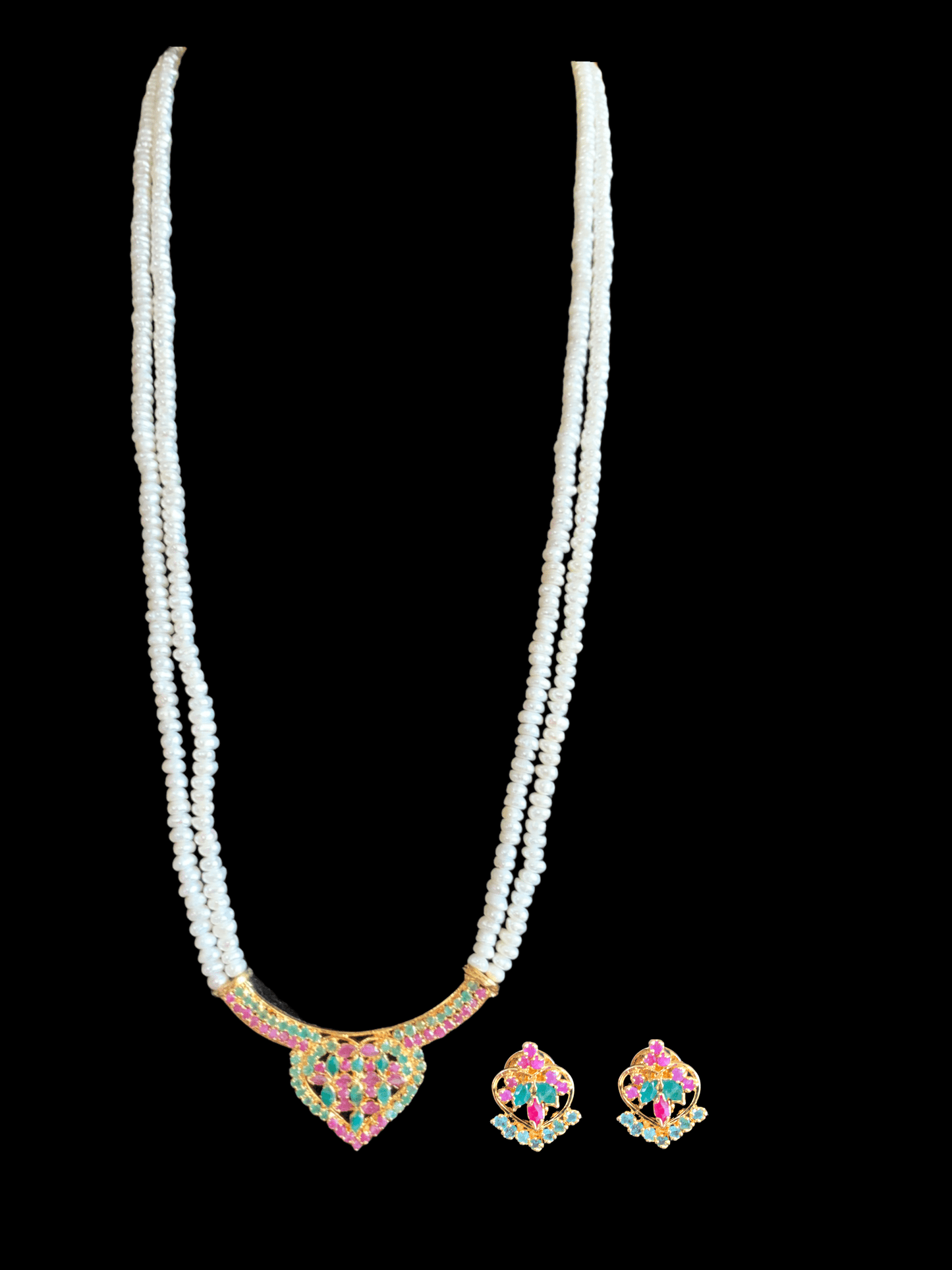 LN132 Ruby emerald long necklace set in fresh water pearls ( READY TO SHIP )