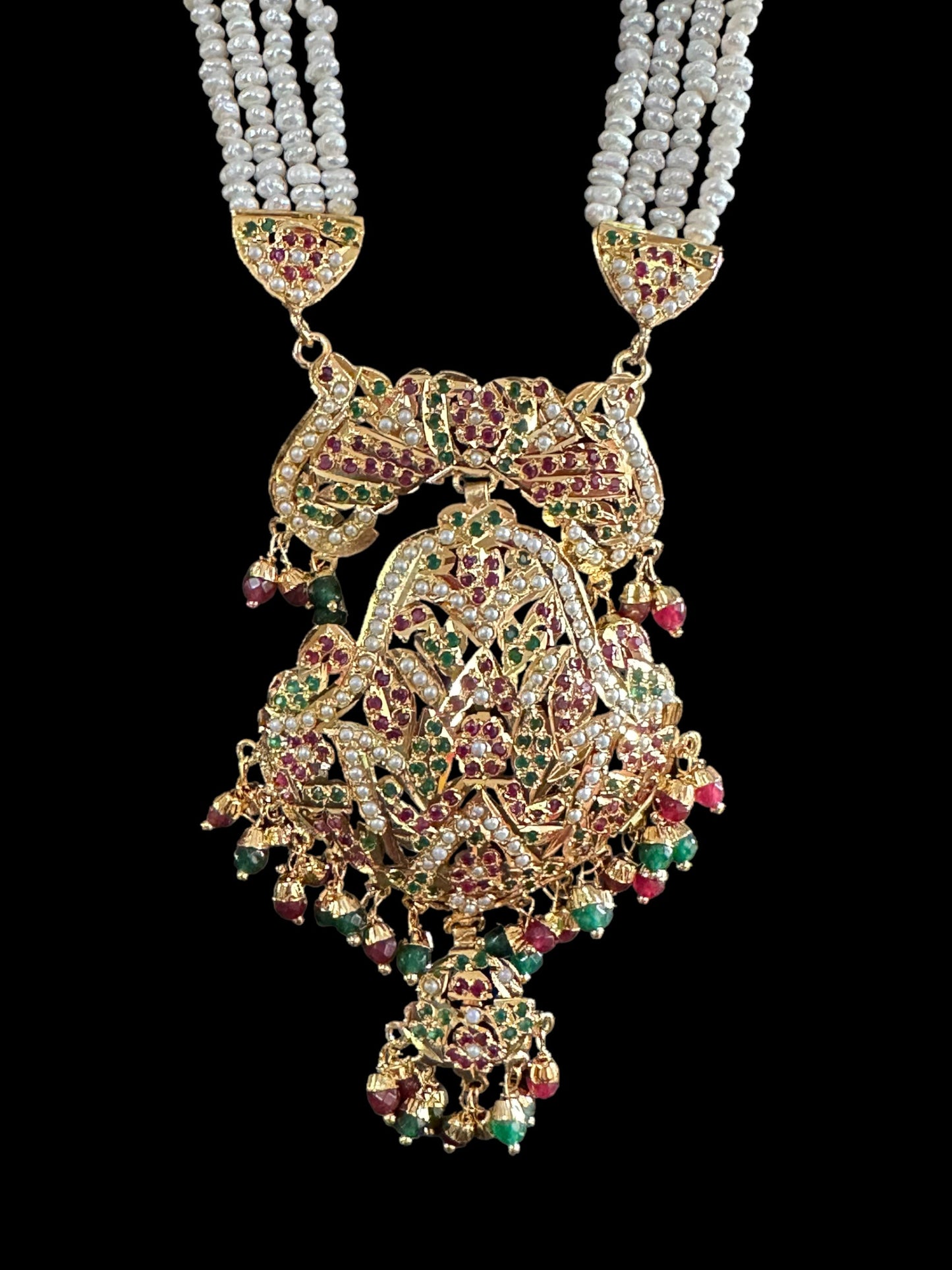 DLN11 jadau rani haar in ruby emerald with fresh water pearls ( READY TO SHIP)