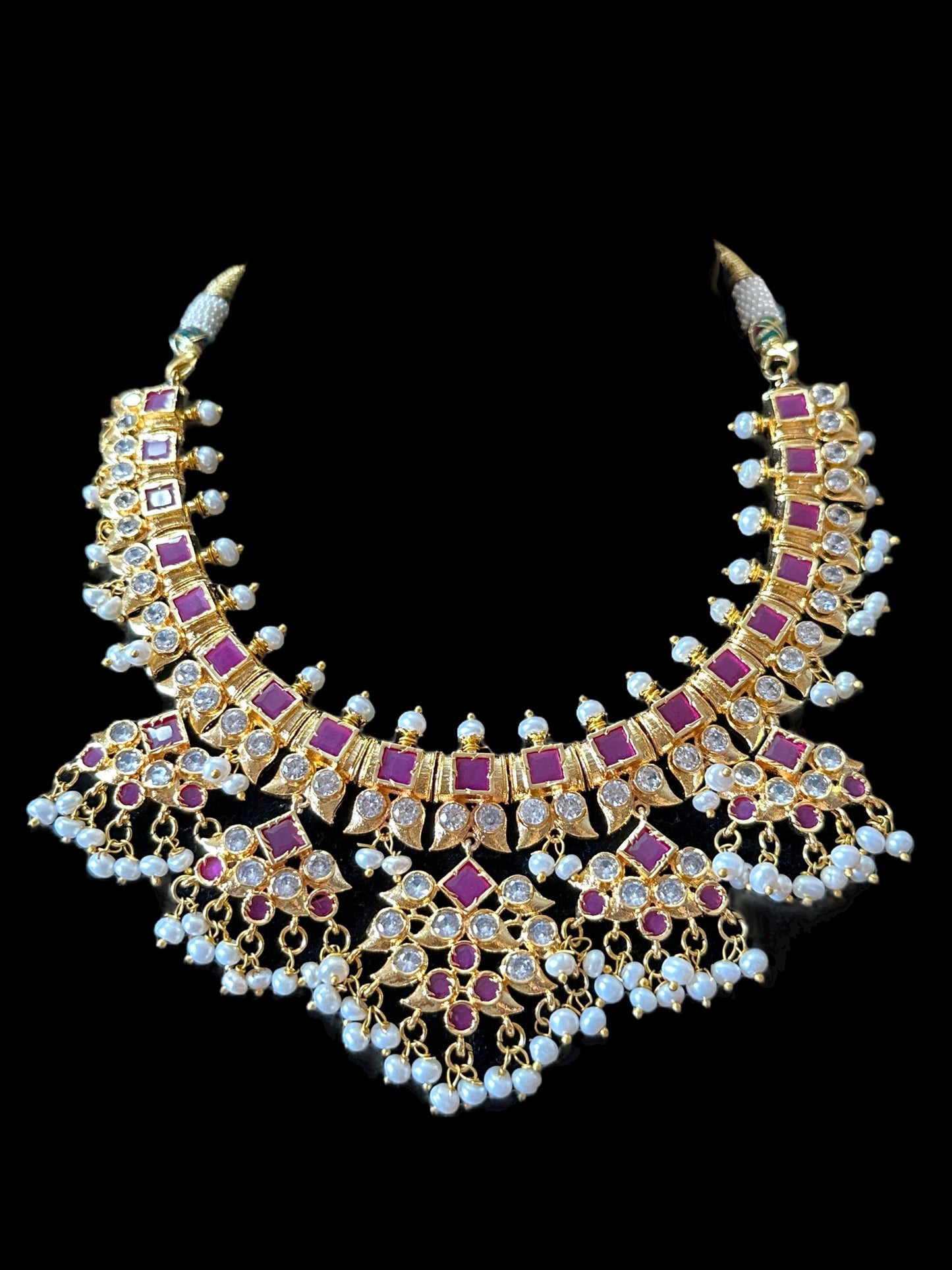 DNS28 Ruby zircon necklace with earrings - fresh water pearls ( READY TO SHIP )