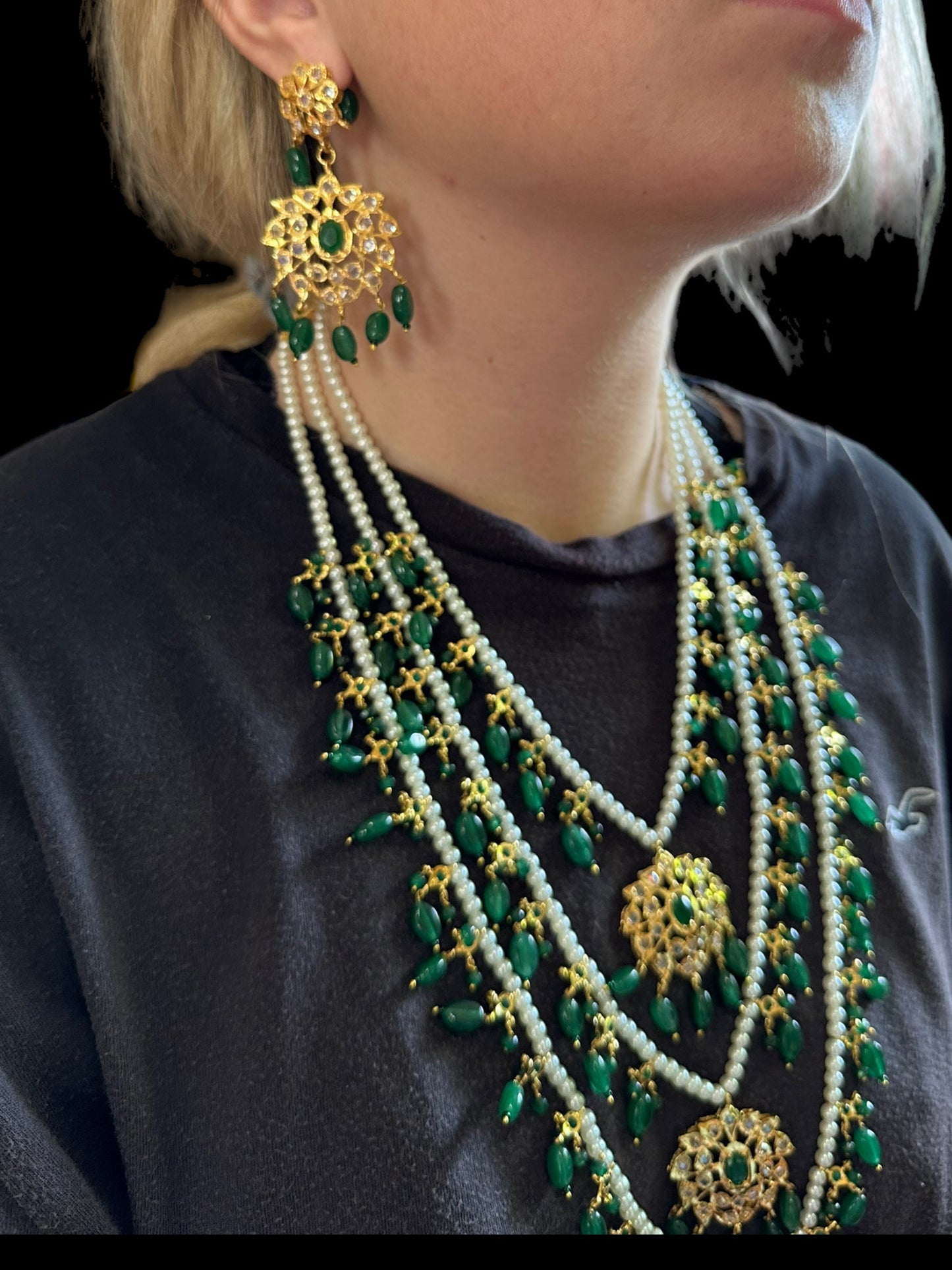 SAT78 Farmana three layer Hyderabadi necklace with earrings ( READY TO SHIP )