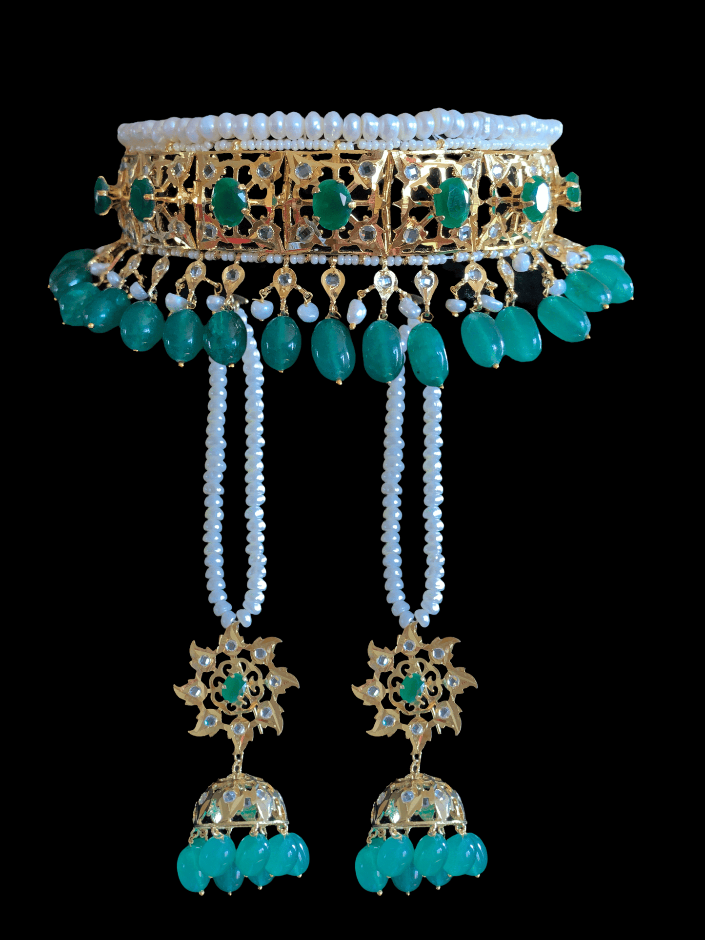 C21 Insia jadavi lacha in fresh water pearls with emerald beads (SHIPS IN 2 WEEKS )