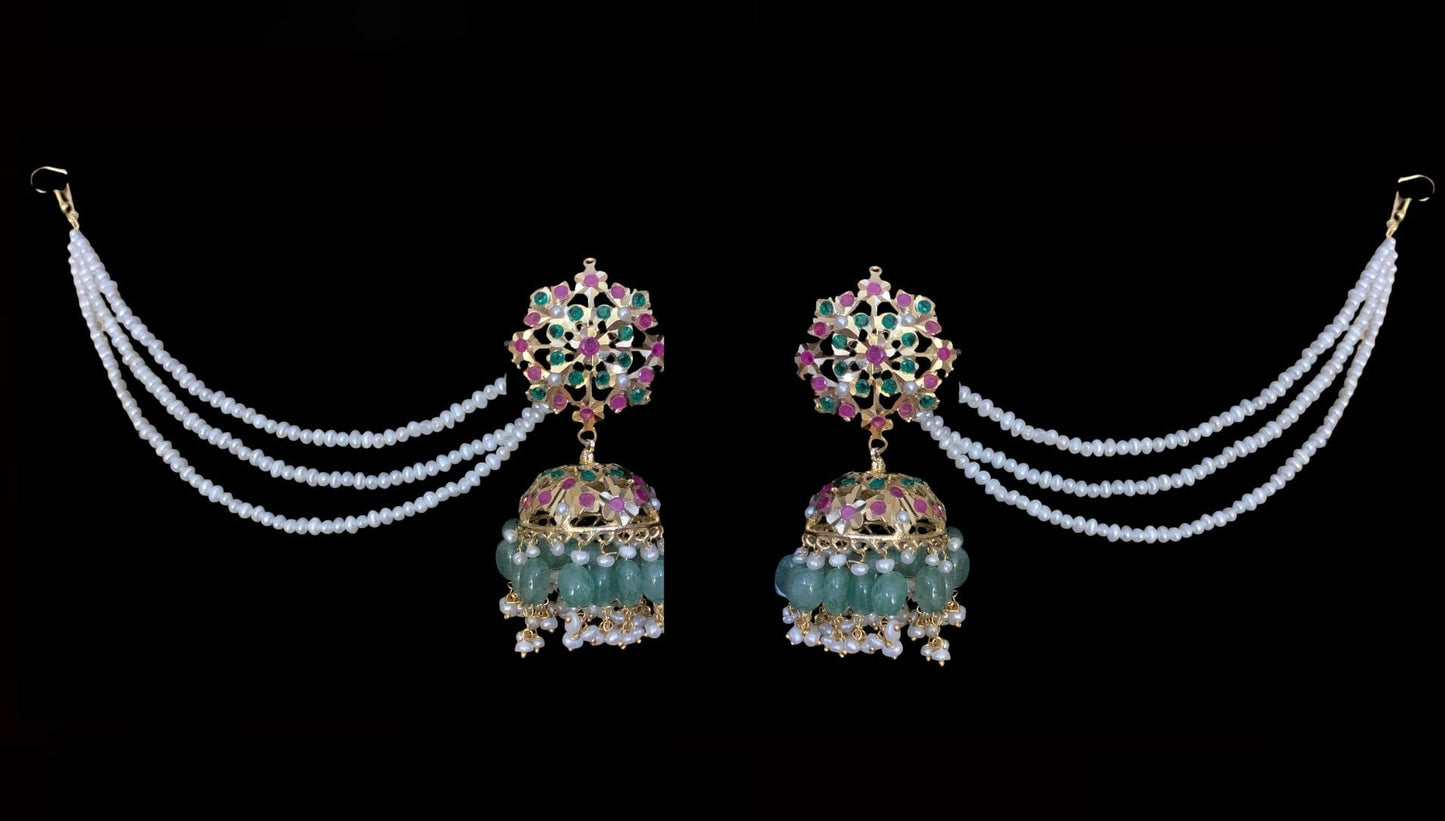 MAHIMA large jadau jhumka in emerald beads with fresh water pearls ( SHIPS IN 2 WEEKS )