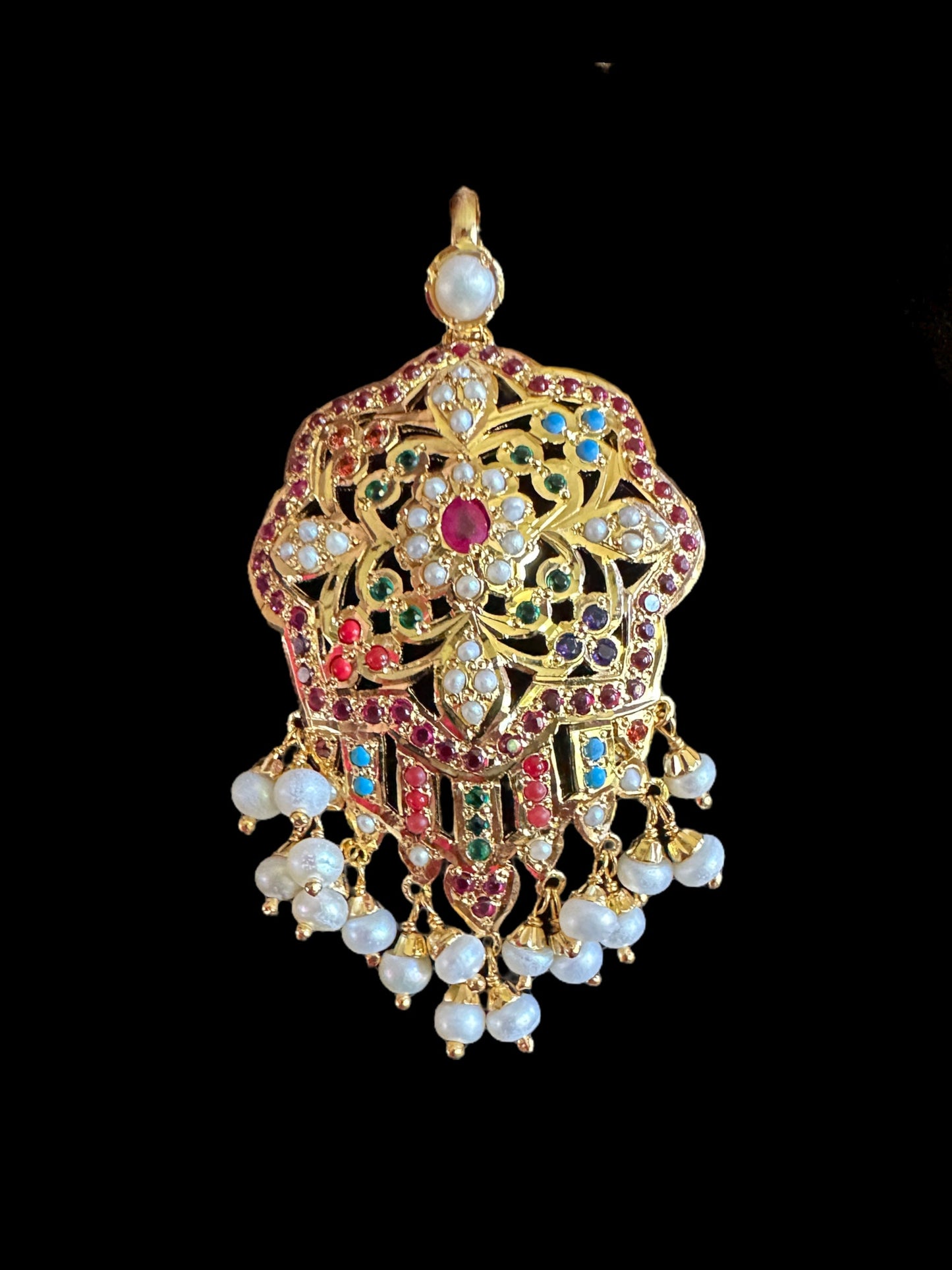 Navratan with Fresh water pearl gold plated silver pendant set ( SHIPS IN 4 WEEKS )