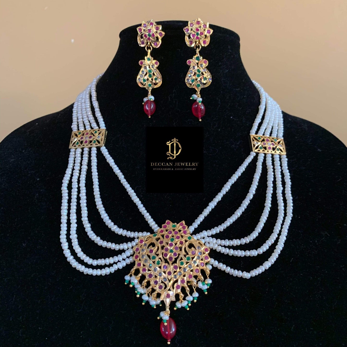 NS103 Sajal necklace in ruby emerald with fresh water pearls (READY TO SHIP )
