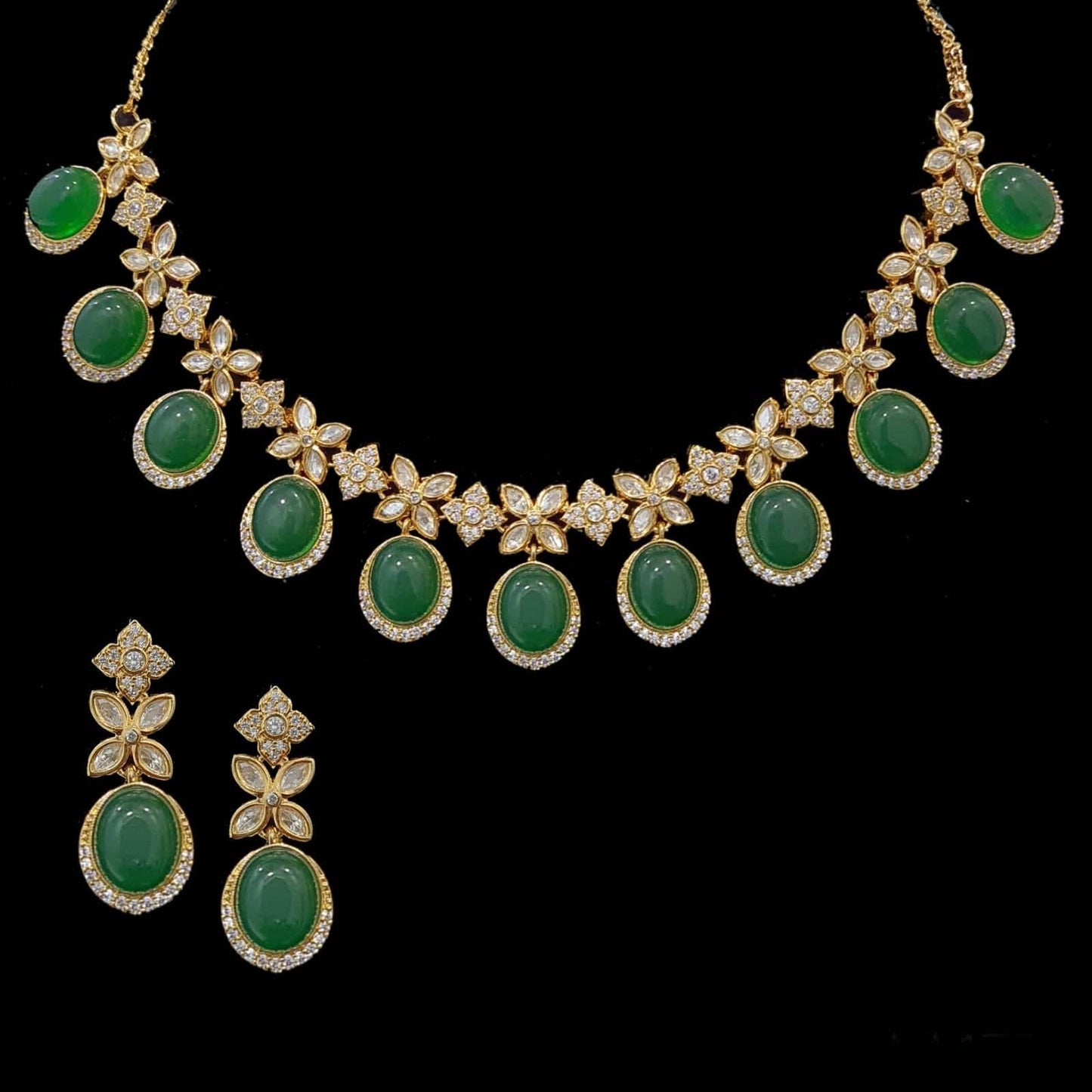 NS345 Gold plated high quality cz polki necklace with earrings - Green ( READY TO SHIP)