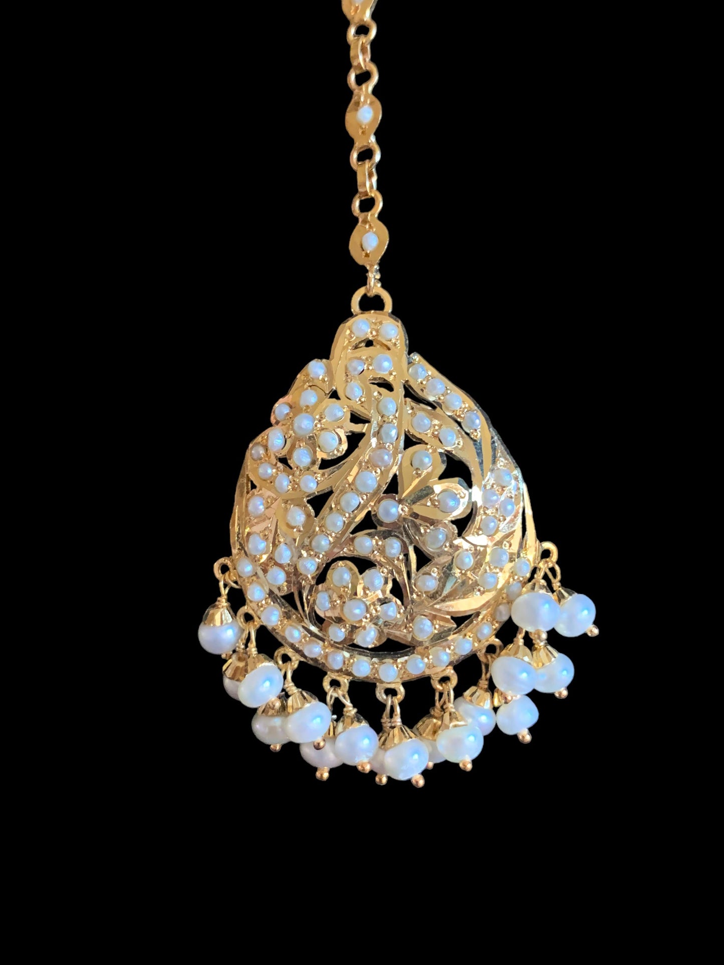Gold plated silver tikka in fresh water pearls ( SHIPS IN 4 WEEKS  )