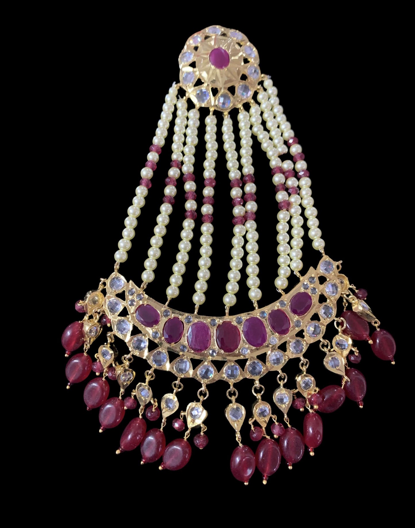 DJHR73 Ruby jhoomar / passa in golden pearls ( SHIPS IN 3 WEEKS  )