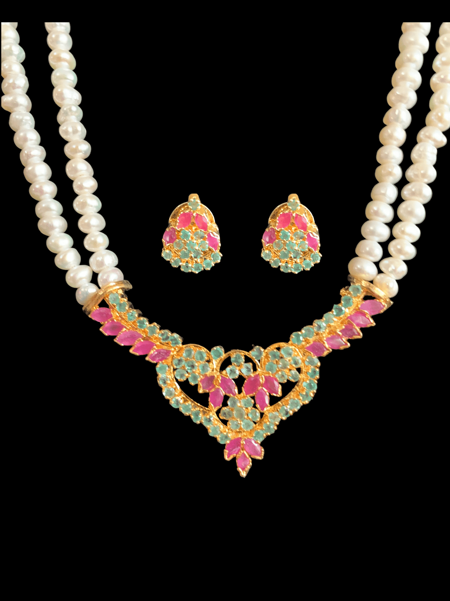 LN131 Ruby emerald long necklace set in fresh water pearls ( READY TO SHIP )