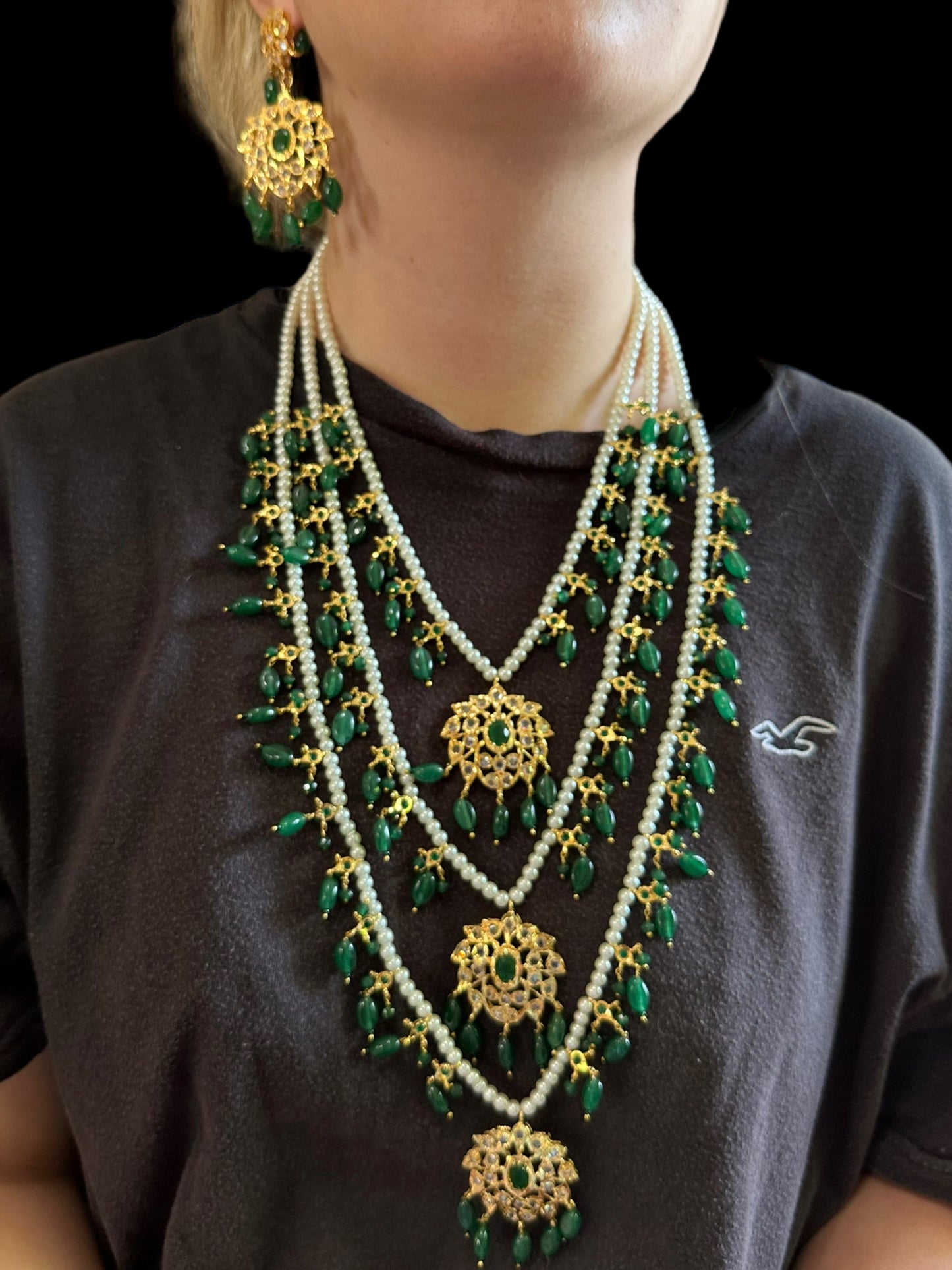 SAT78 Farmana three layer Hyderabadi necklace with earrings ( READY TO SHIP )