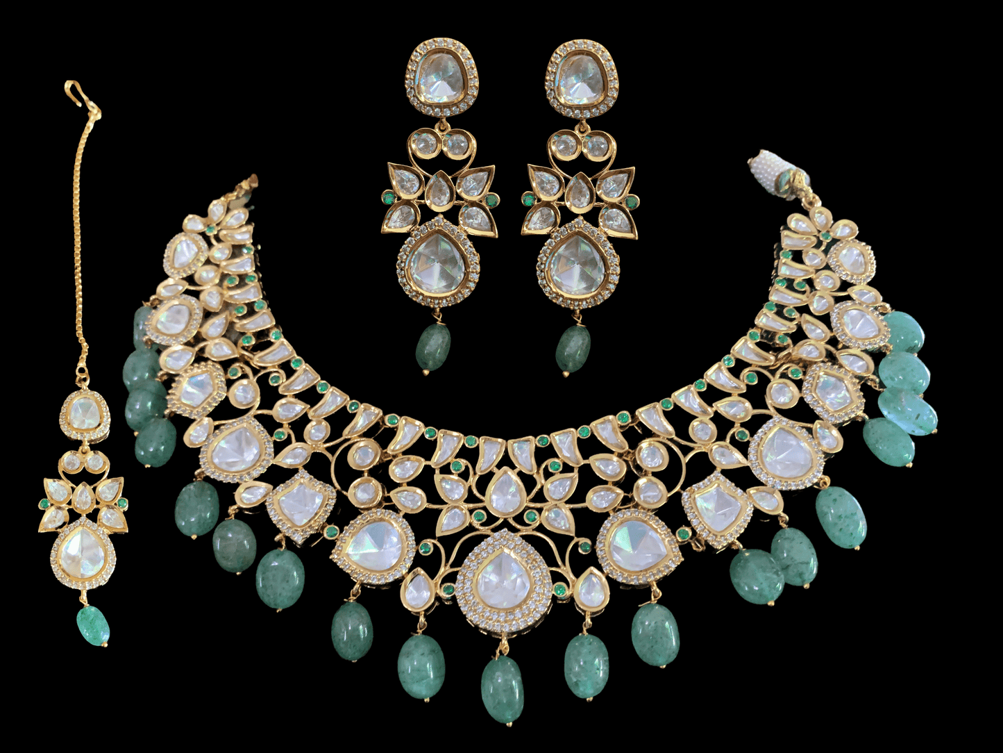NS17 Tanu polki with emerald beads necklace set (SHIPS IN 4 WEEKS )