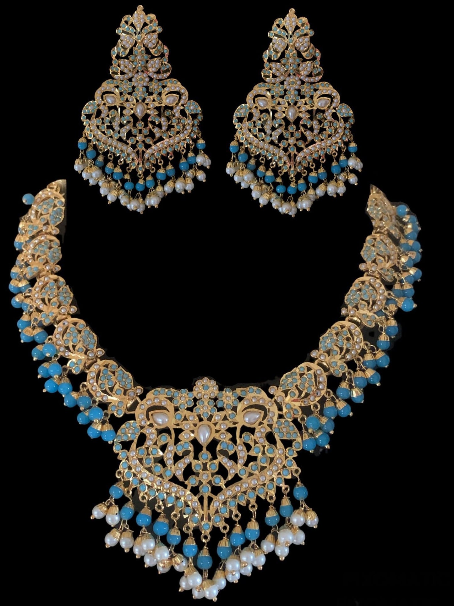 DNS25 Neeli jadau pearl necklace with earrings tika in turquoise (SHIPS IN 4 WEEKS )
