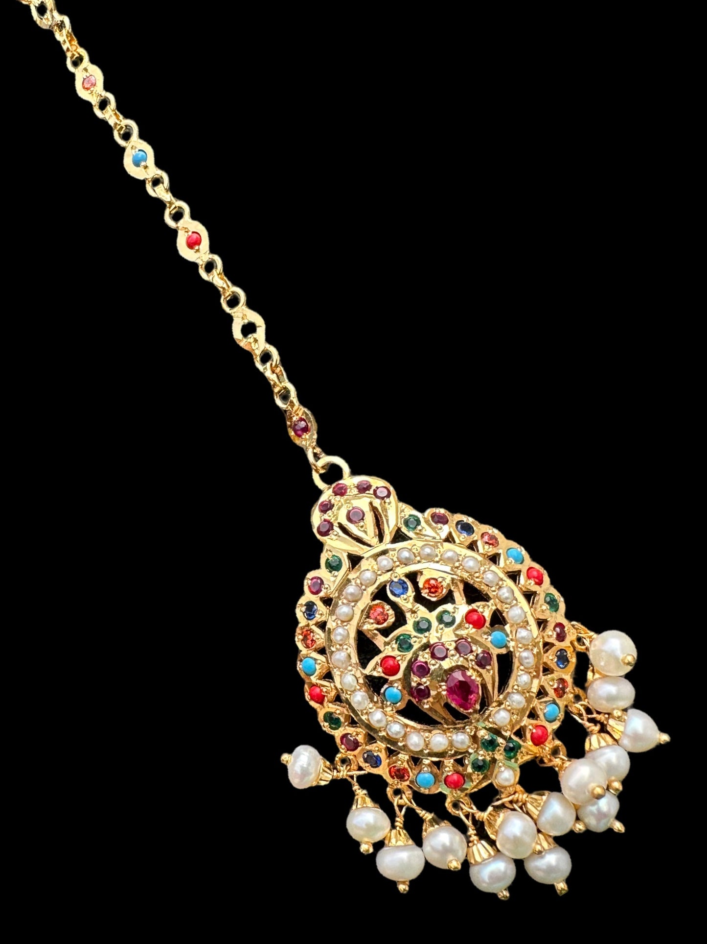 Gold plated silver tika in navratan ( READY TO SHIP )