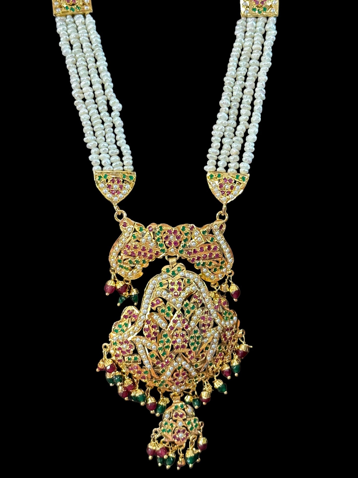 DLN11 jadau rani haar in ruby emerald with fresh water pearls ( READY TO SHIP)