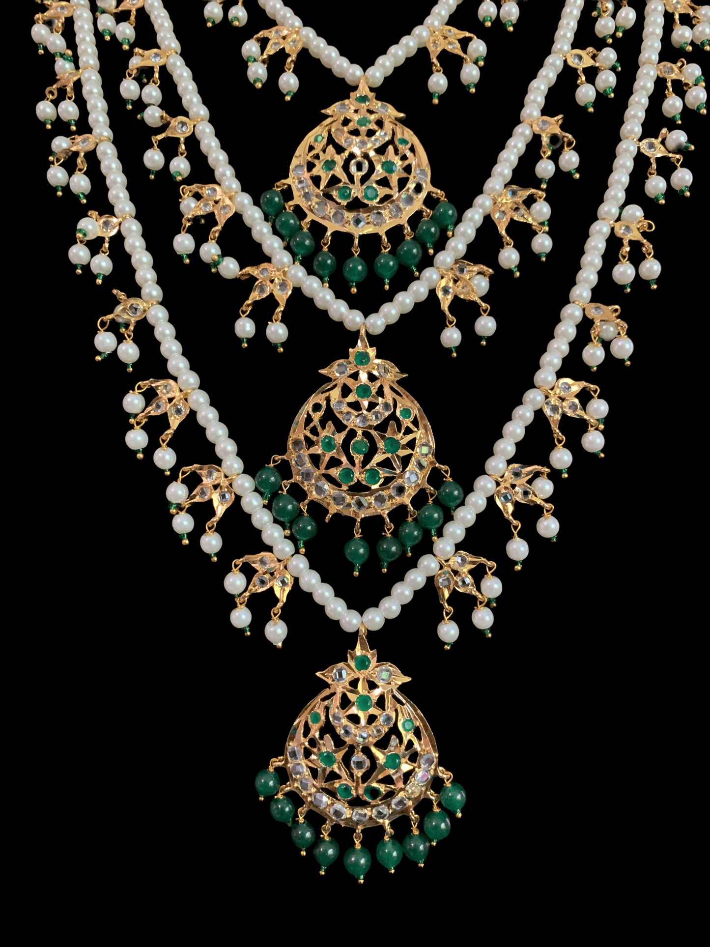 SAT31 Tooba ruby three layered pearl necklace with earrings and Tika - green (SHIPS IN 4 WEEKS )