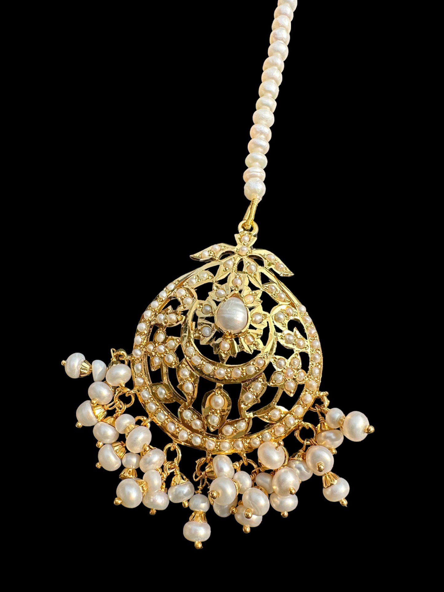 Gold plated silver tikka in fresh water pearls ( SHIPS IN 4 WEEKS  )
