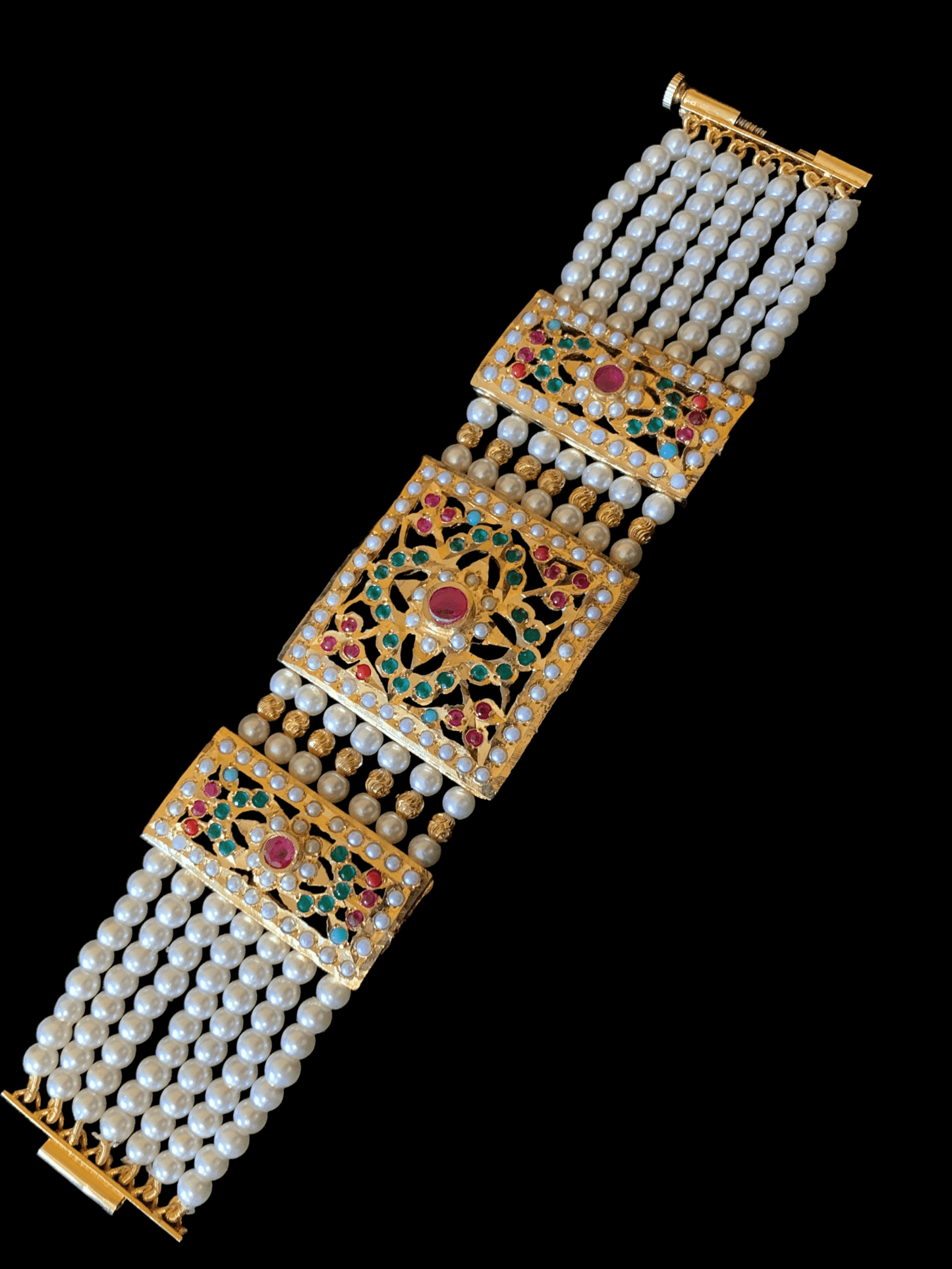 B66 Saira jadau bracelet in navratan with pearls ( READY TO SHIP )