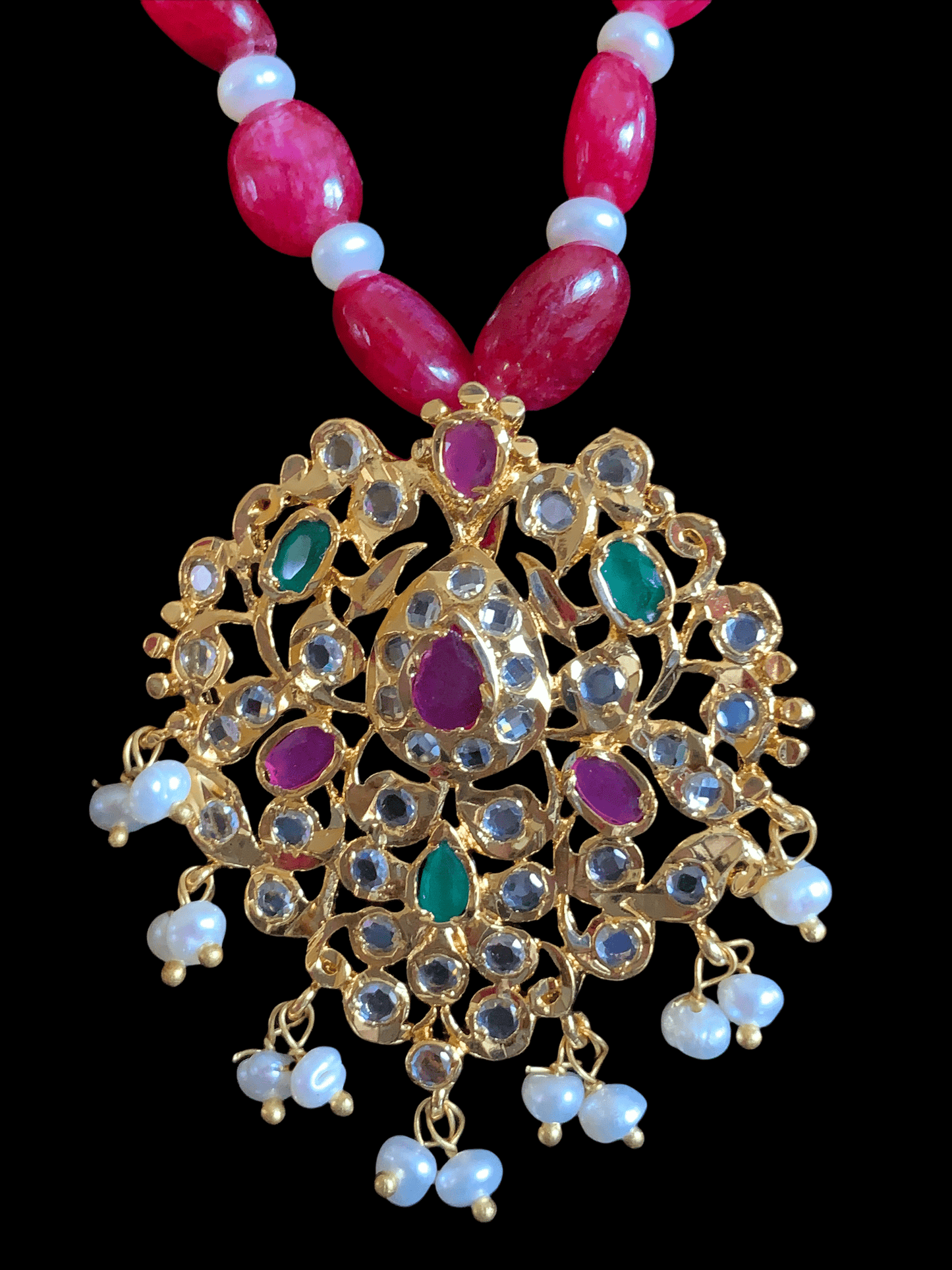 PS513 Hania hyderabadi pendant set in ruby emerald ( READY TO SHIP )