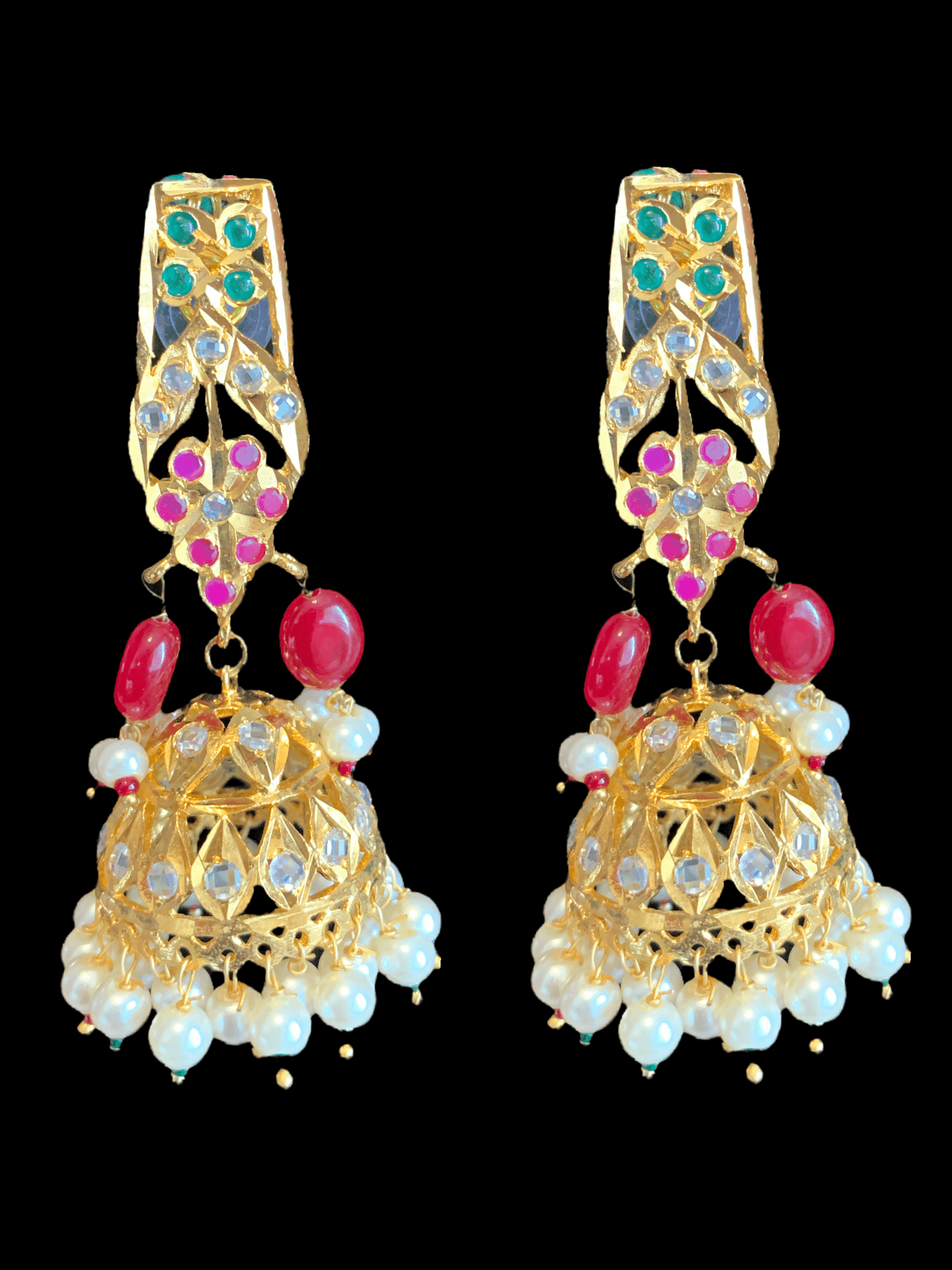 DER116 rooha jhumkas in ruby emerald / red green ( READY TO SHIP)