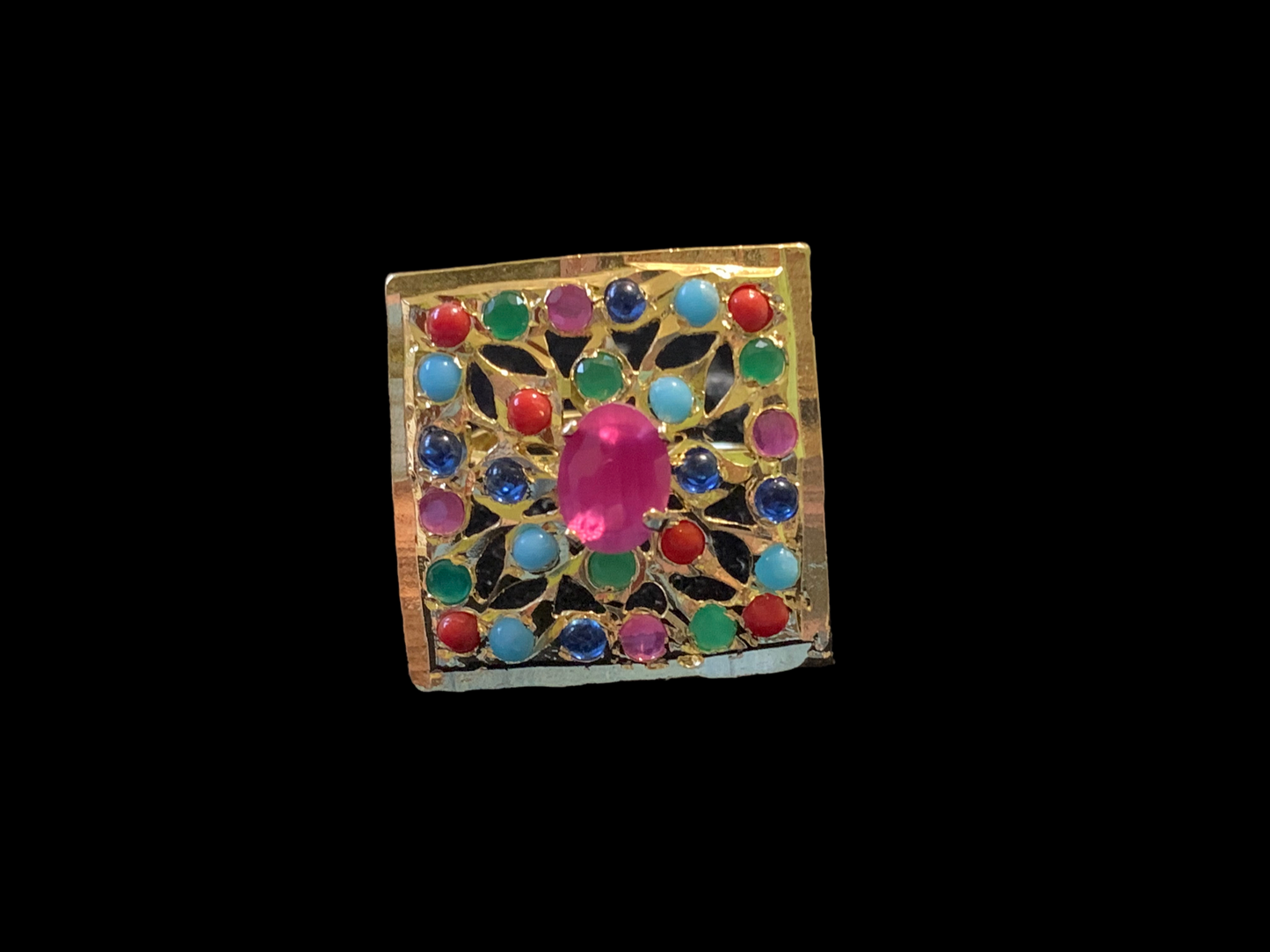 DJR81 Gold plated square ring- Navratan ( READY TO SHIP)