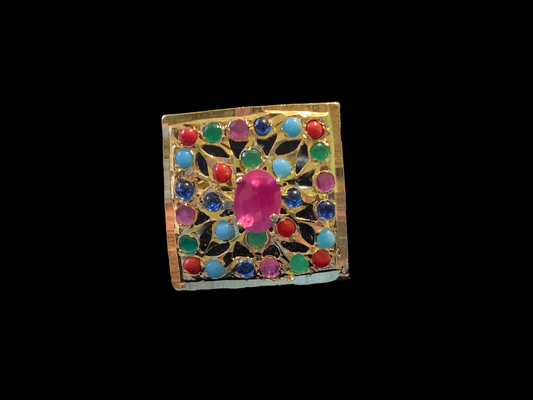 DJR81 Gold plated square ring- Navratan ( READY TO SHIP)