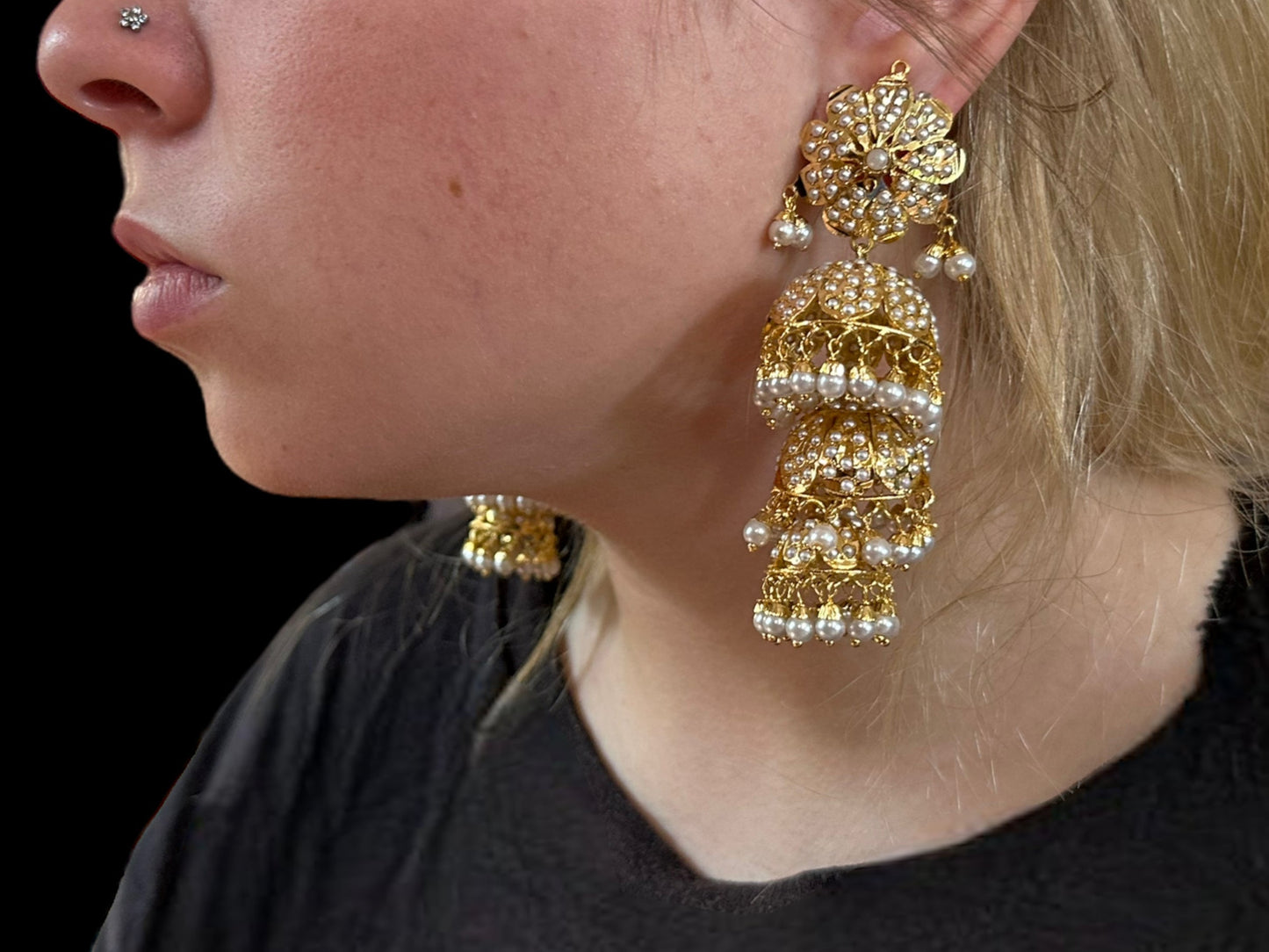 DER506 Mya gold plated jhumka earrings - pearls ( SHIPS IN 4 WEEKS )