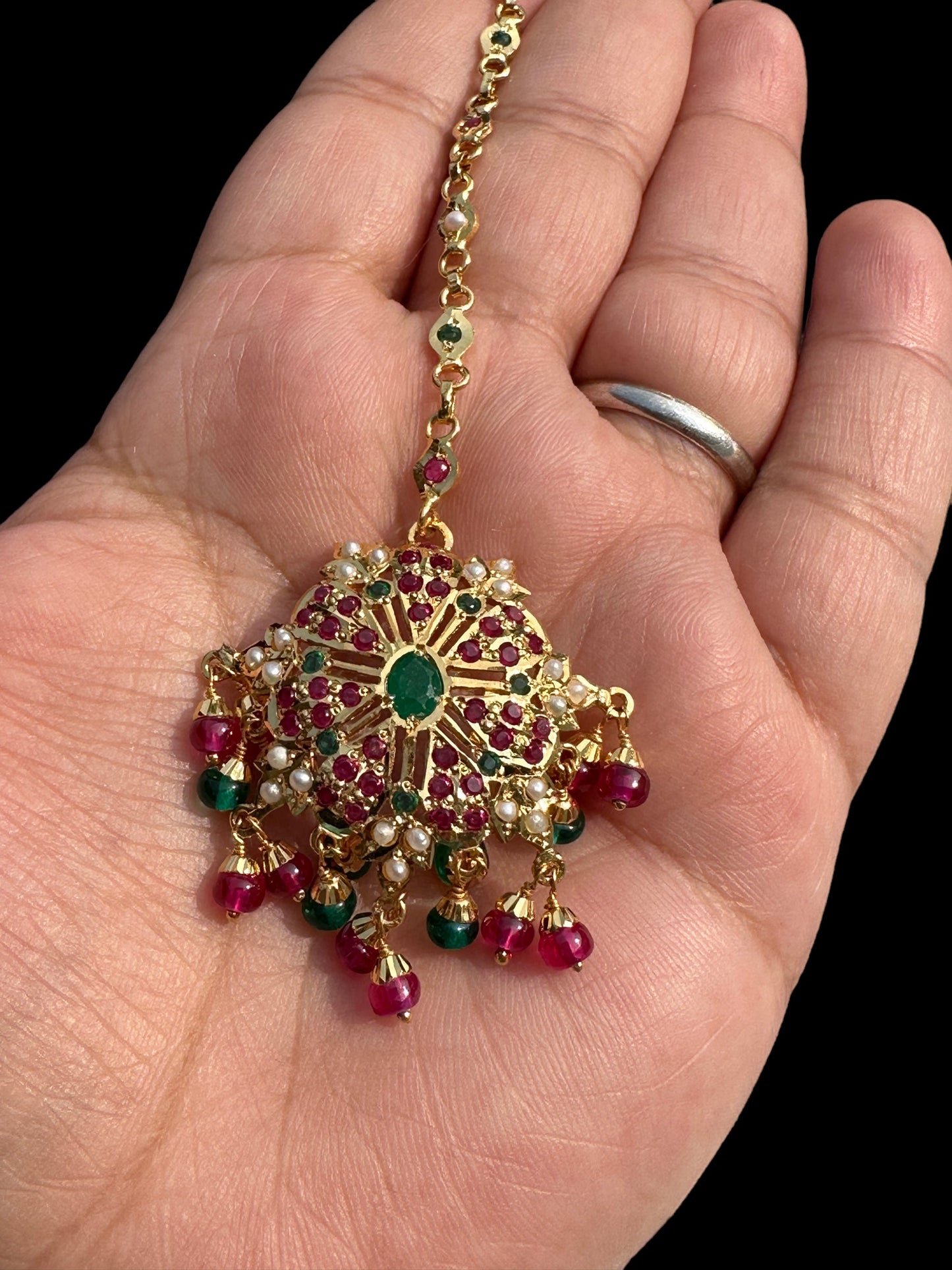 Gold plated silver tika in ruby emerald (SHIPS IN 4 WEEKS  )